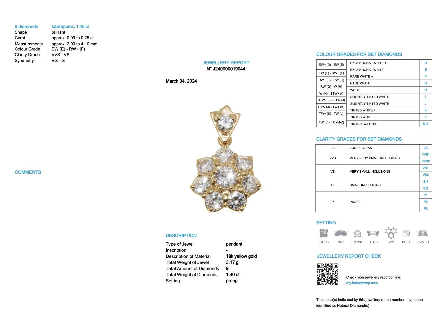 HRD Certified Daisy Pendant Yellow Gold with Diamonds For Sale 4