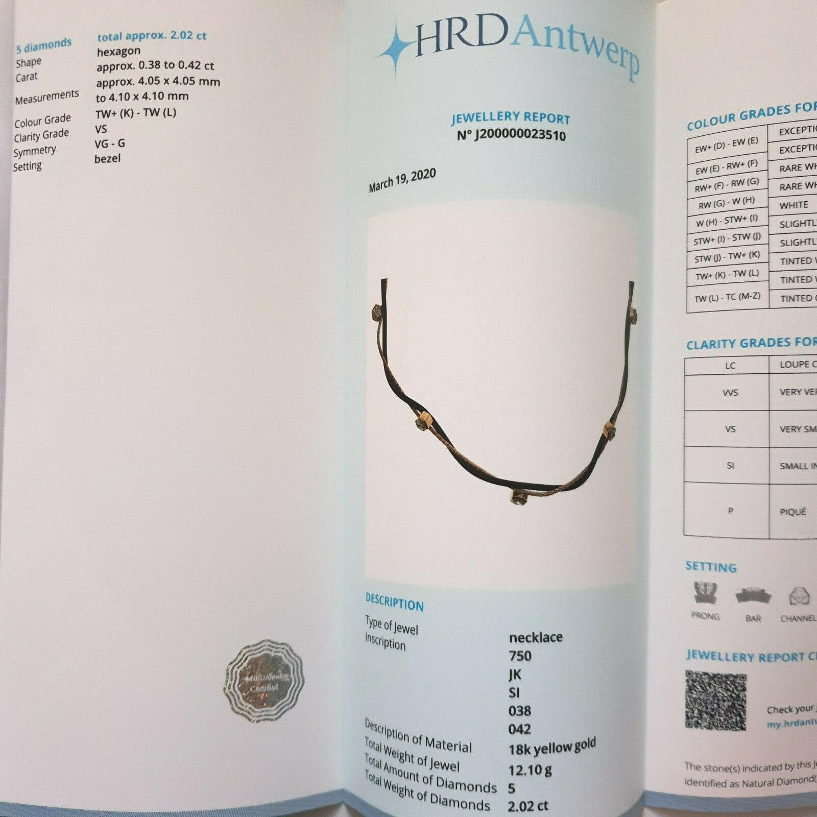 HRD-zertifizierte Diamant-Halskette 2,02 Karat.K-L/SI Sechseckiger Schliff, 18k / Leder im Angebot 6