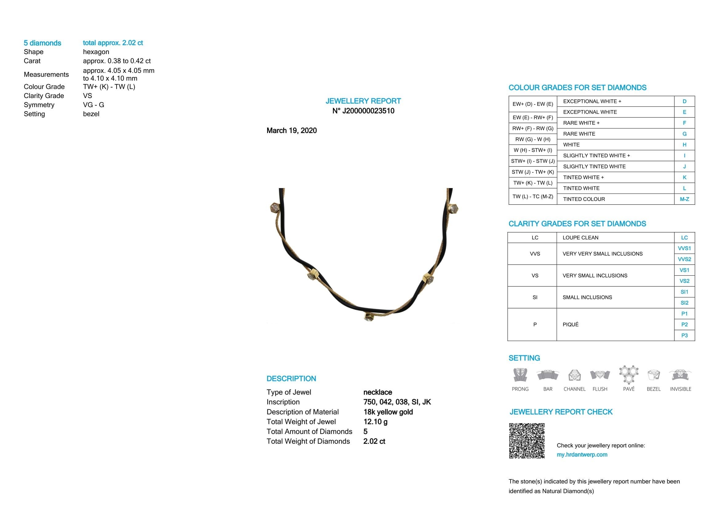 HRD-zertifizierte Diamant-Halskette 2,02 Karat.K-L/SI Sechseckiger Schliff, 18k / Leder

