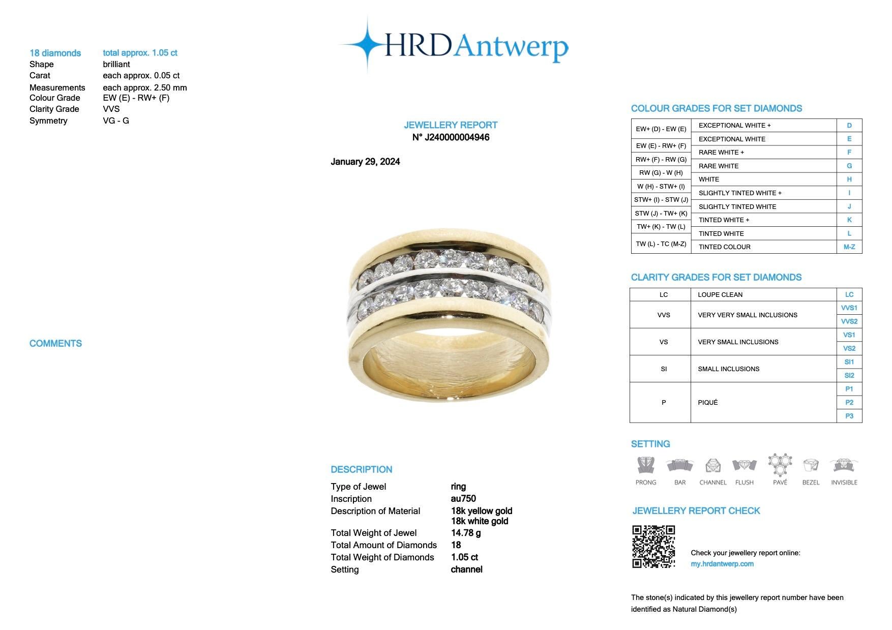 HRD Certified Diamonds Yellow and White Gold Band Ring For Sale 2