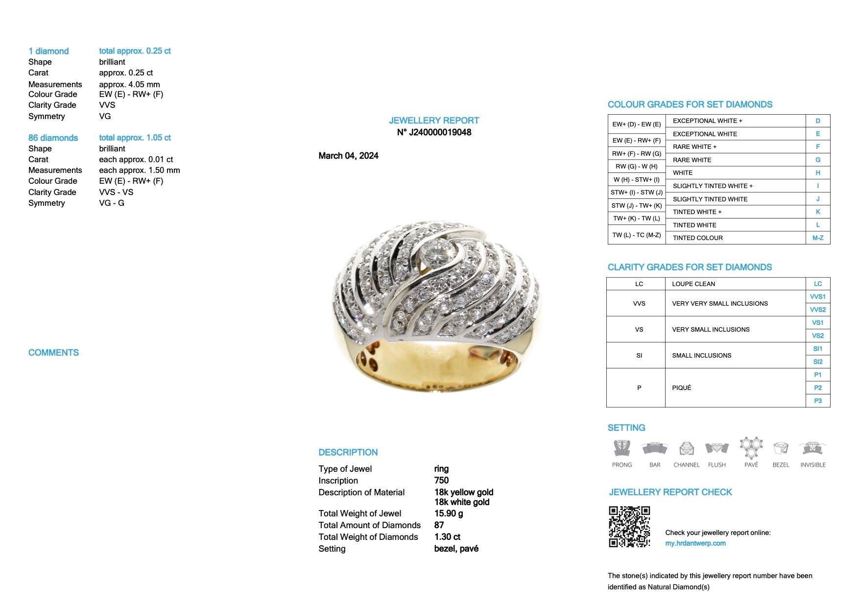 The HRD Certified Dome Ring is a stunning piece crafted with meticulous attention to detail. Made from 18kt yellow and white gold, it exudes luxury and sophistication. The dome shape adds dimension and presence to the ring, catching the eye with its