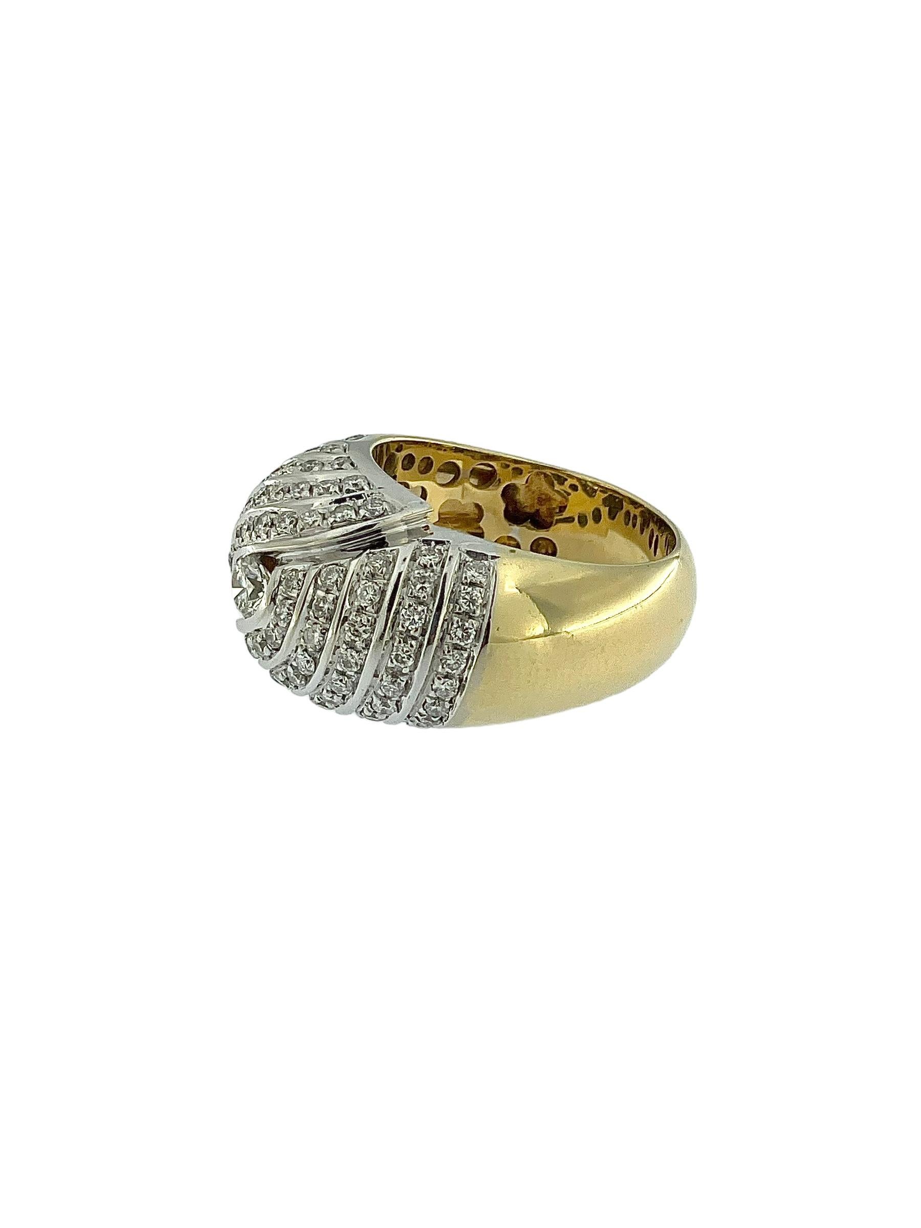 Brilliant Cut HRD Certified Dome Ring Yellow and White Gold with Diamonds For Sale
