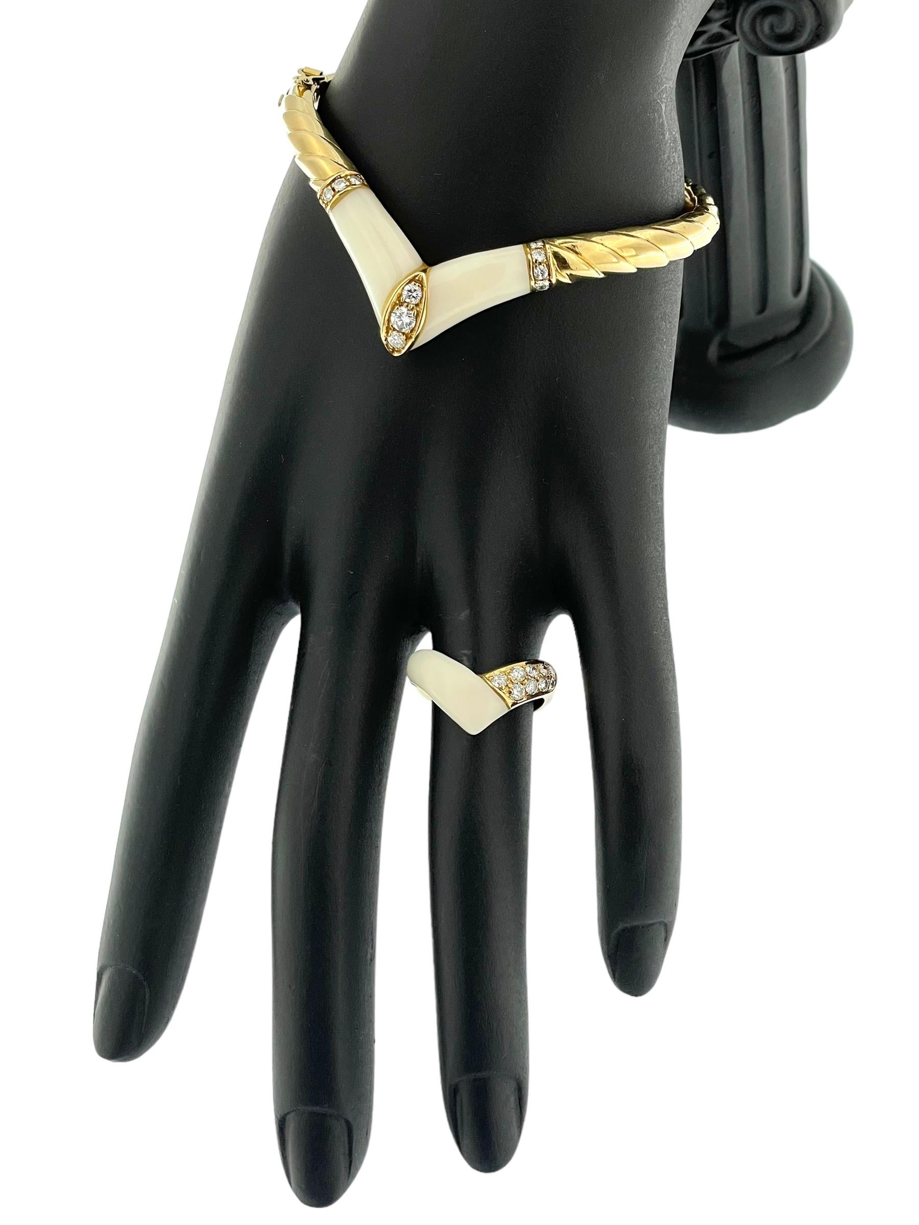 Bracelet et bague en or certifié HRD avec diamants et ivoire en vente 6