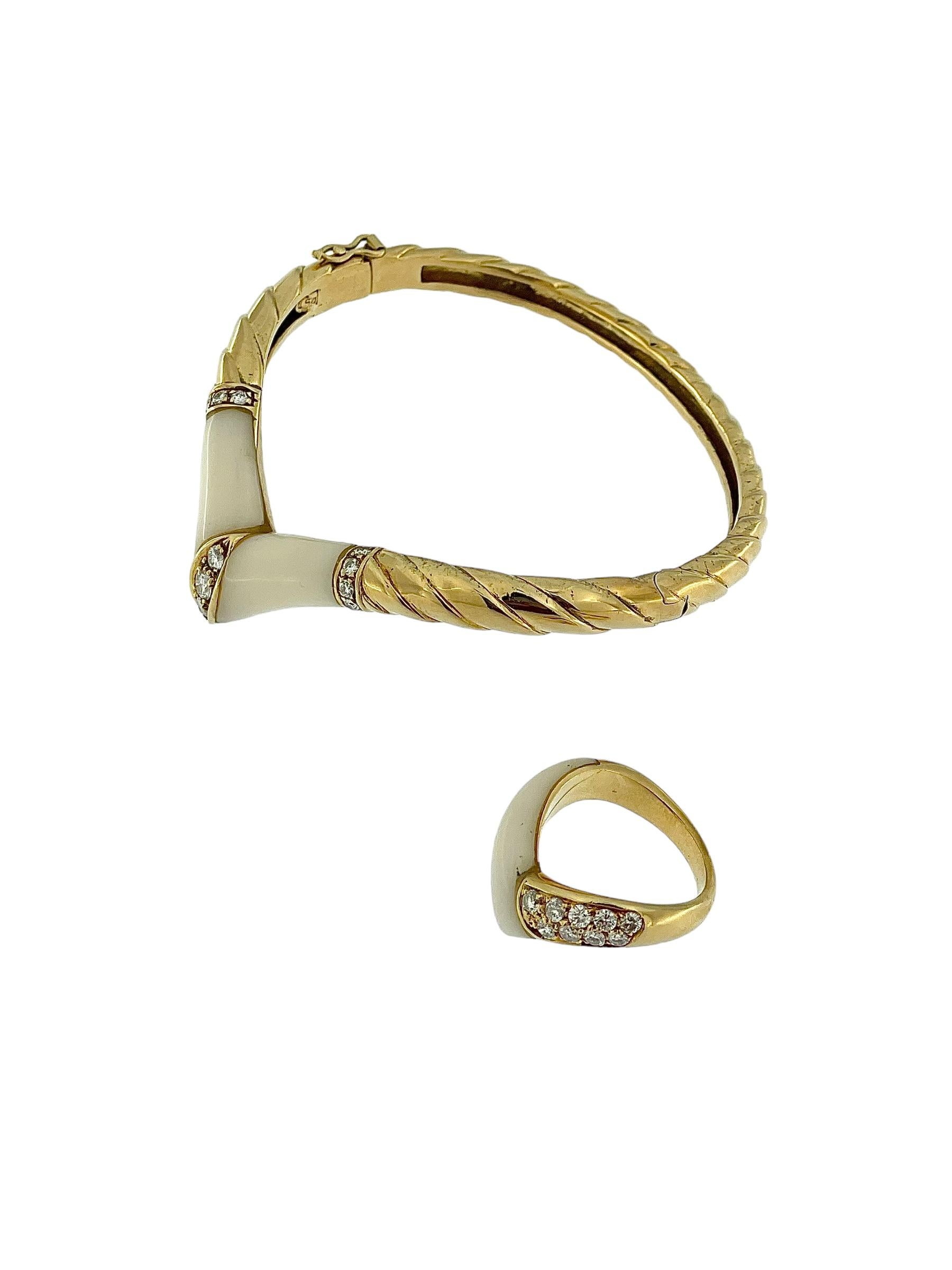 HRD Certified Gold Set Bracelet and Ring with Diamonds and Ivory For Sale 1