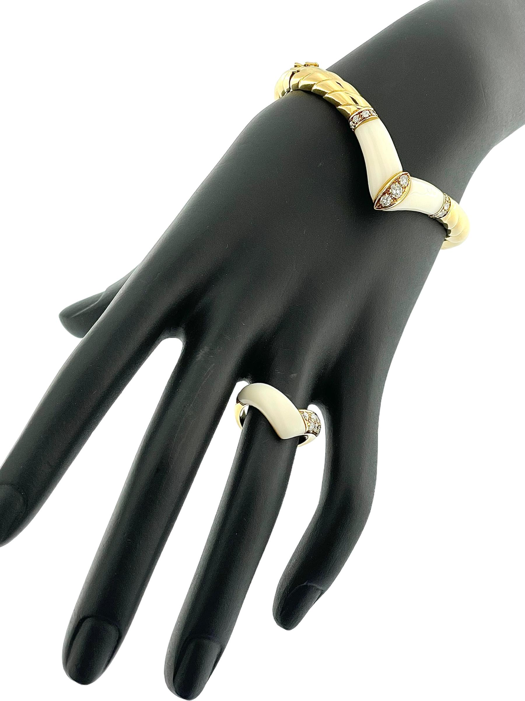 HRD Certified Gold Set Bracelet and Ring with Diamonds and Ivory For Sale 3