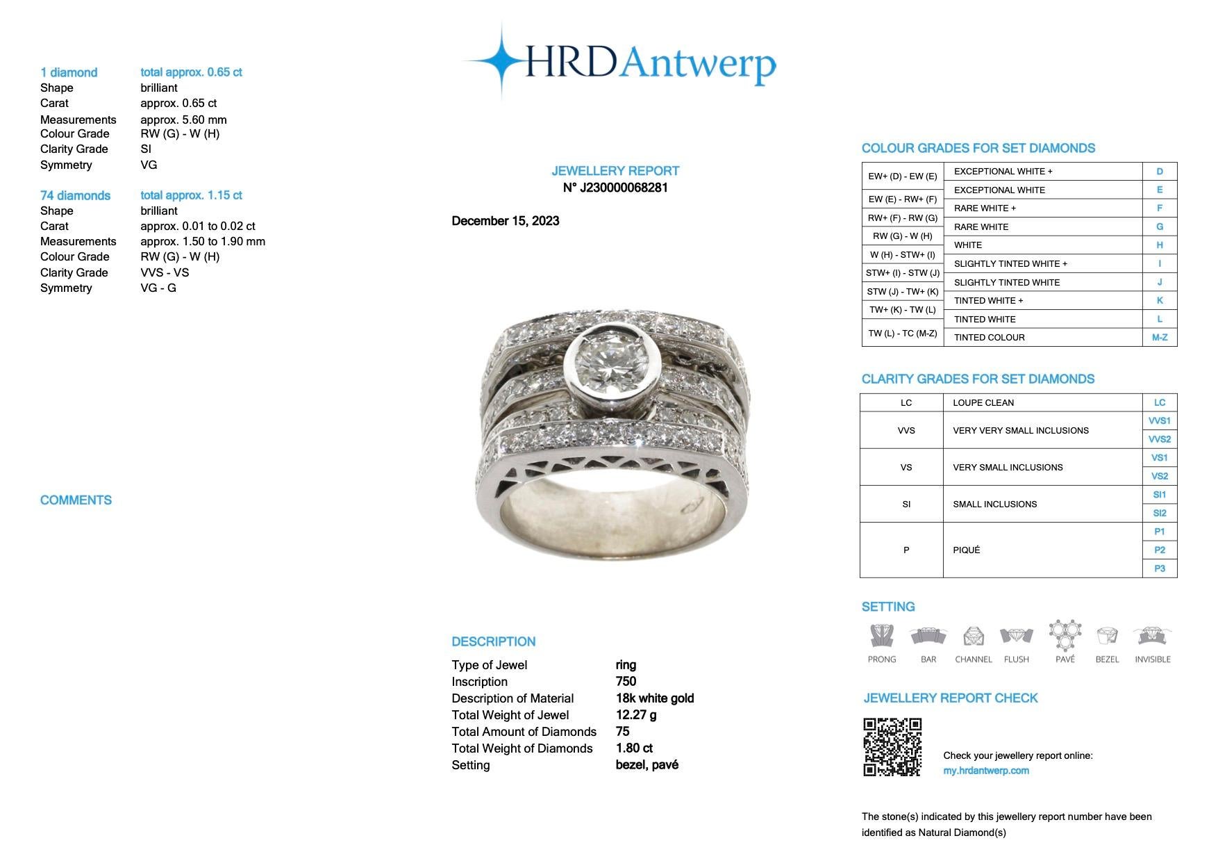 Women's HRD Certified Italian Art Deco Style White Gold Ring with 1.80ct  Diamonds  For Sale