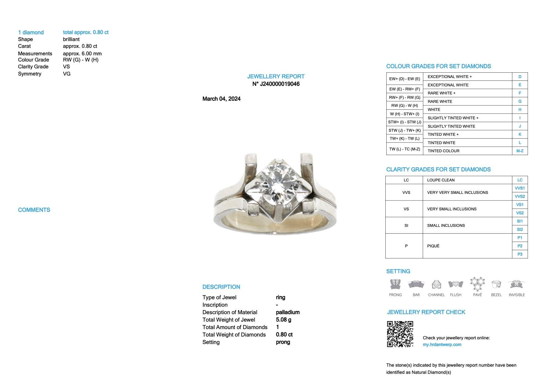 Der HRD-zertifizierte Solitärring aus Palladium und Diamanten ist der Inbegriff von unaufdringlichem Luxus und zeitloser Raffinesse. Dieser Ring ist aus glänzendem Palladium gefertigt, einem Metall, das für seine Langlebigkeit und Reinheit bekannt