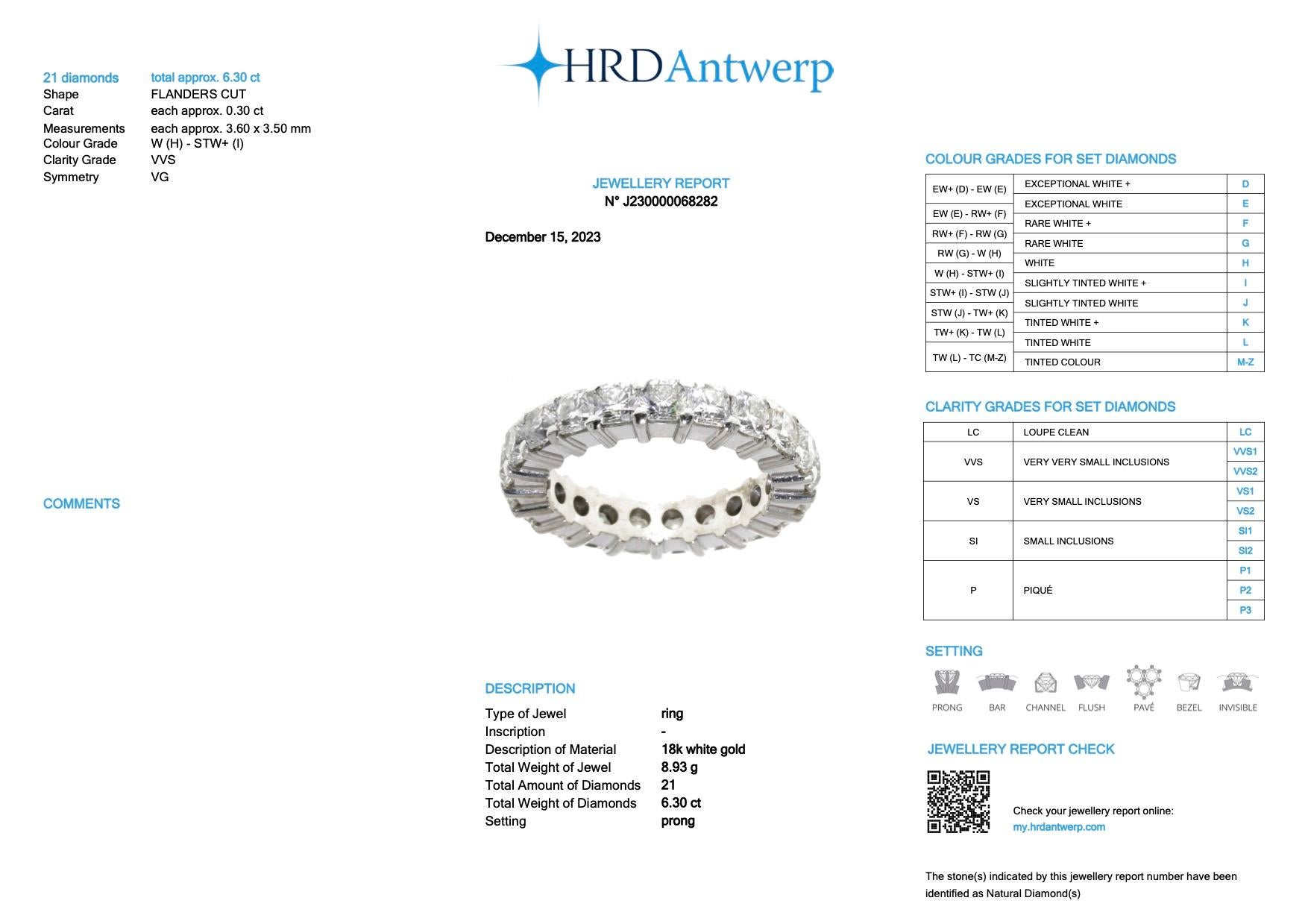 Eternity-Ring aus Weißgold mit HRD-zertifizierten seltenen Diamanten im Flanders-Schliff für Damen oder Herren im Angebot