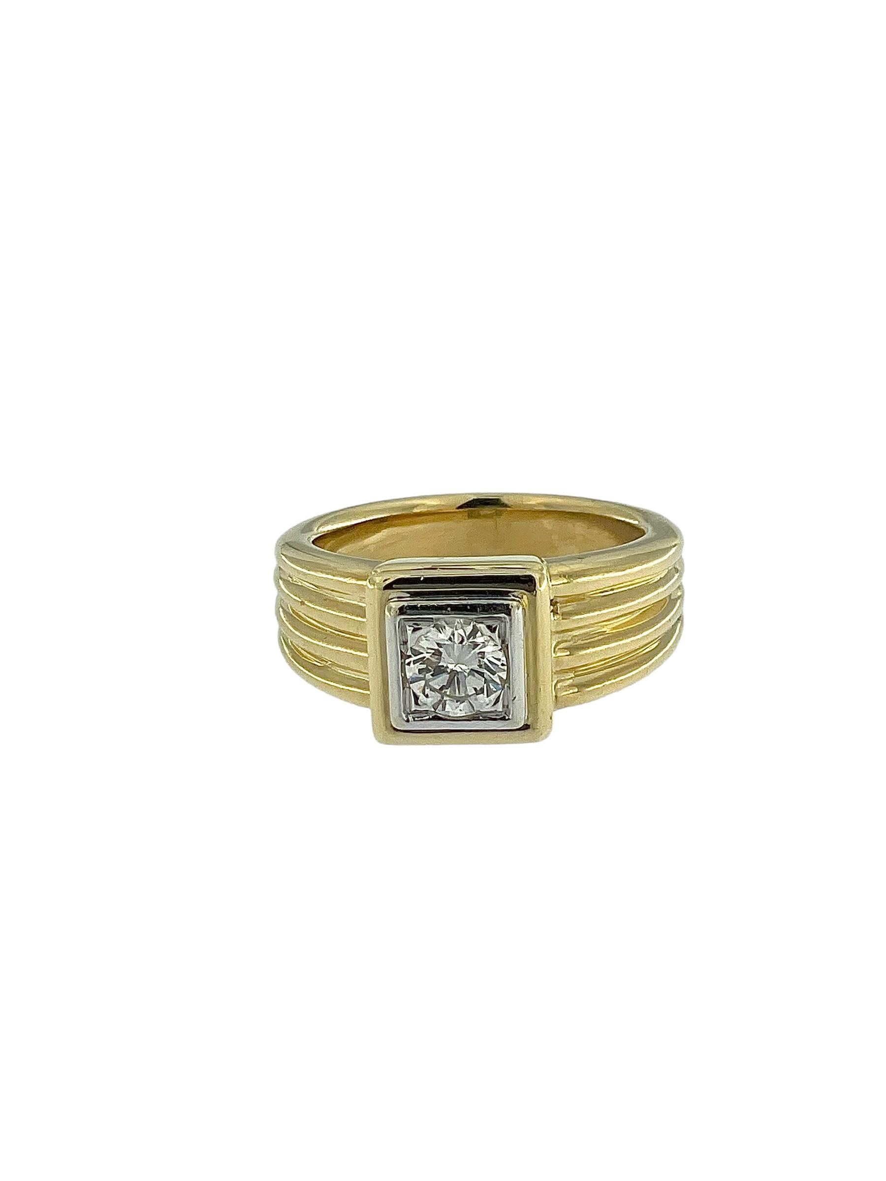 Women's or Men's HRD Certified Signet Diamond Ring Yellow and White Gold For Sale