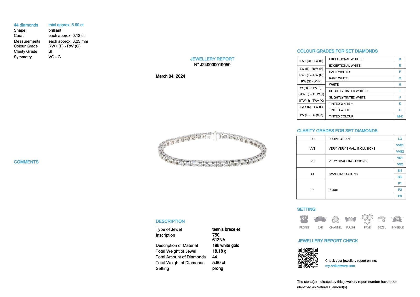 HRD Certified Tennis Bracelet White Gold 5.60ct Diamonds For Sale 2