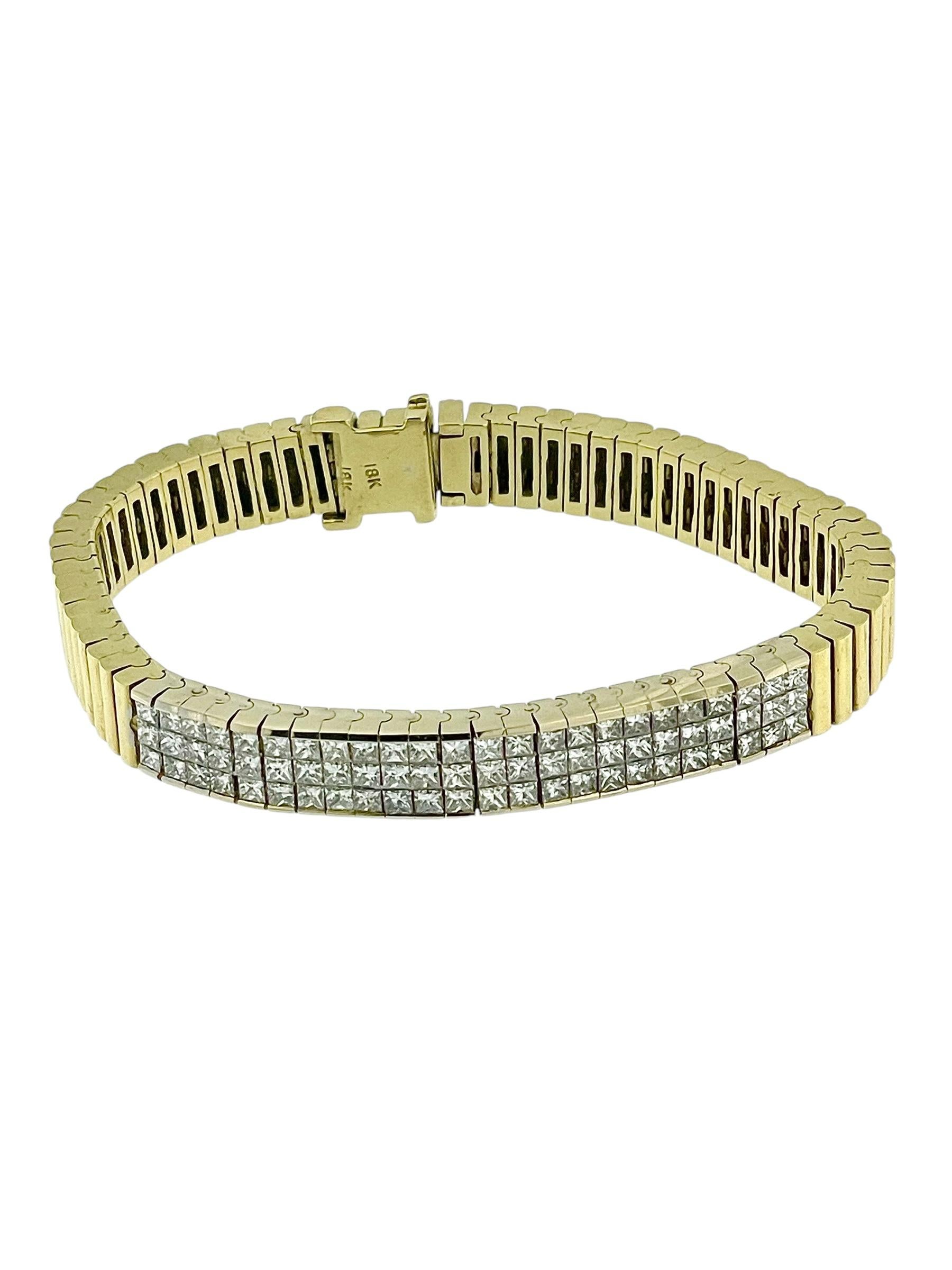 The **HRD Certified Tennis Bracelet** is a striking piece of Italian craftsmanship, created in 18-karat yellow and white gold, combining elegance with durability. This luxurious bracelet features a total of 72 princess-cut diamonds, invisibly set to