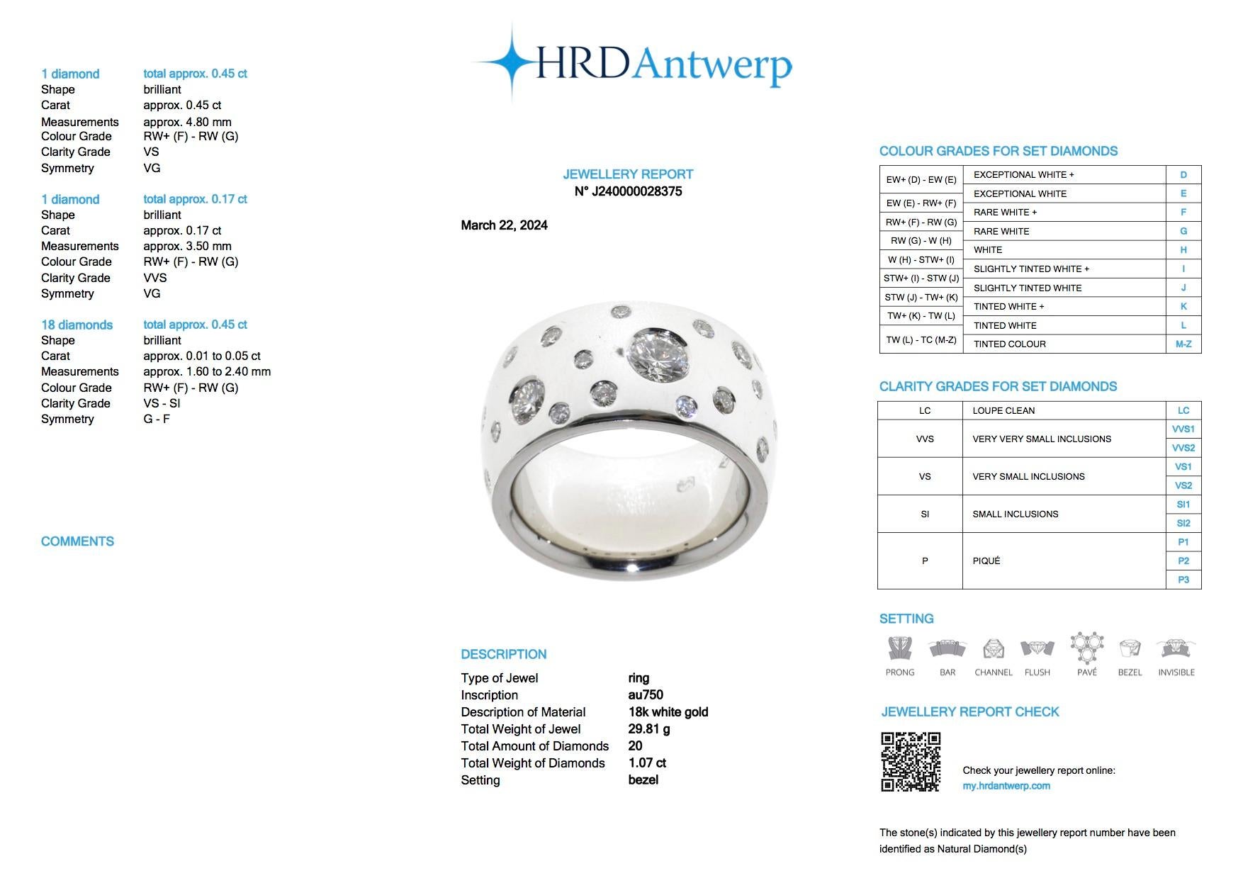 HRD Certified White Gold Band Ring with Diamonds For Sale 4