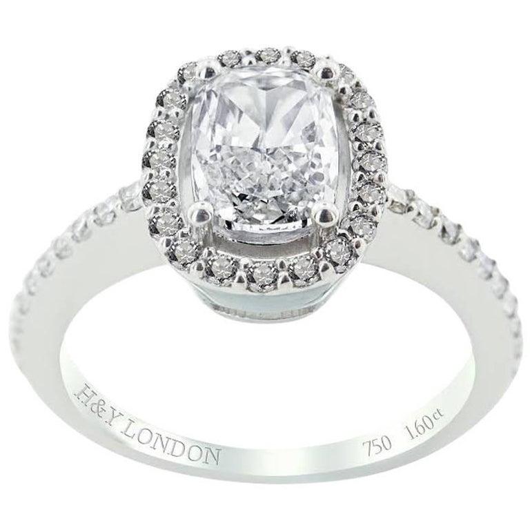 Modern HRD Certified White Gold Cushion and Round Cut Engagement Ring For Sale
