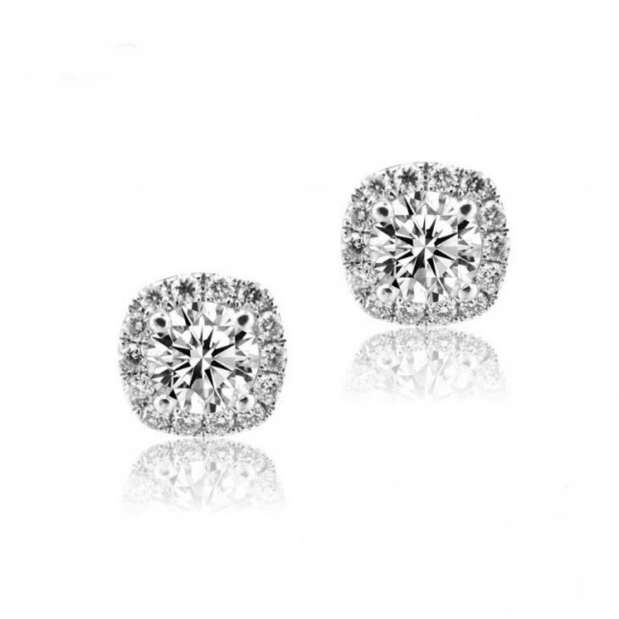 Square Cut HRD Certified White Gold Diamond Halo Earrings For Sale