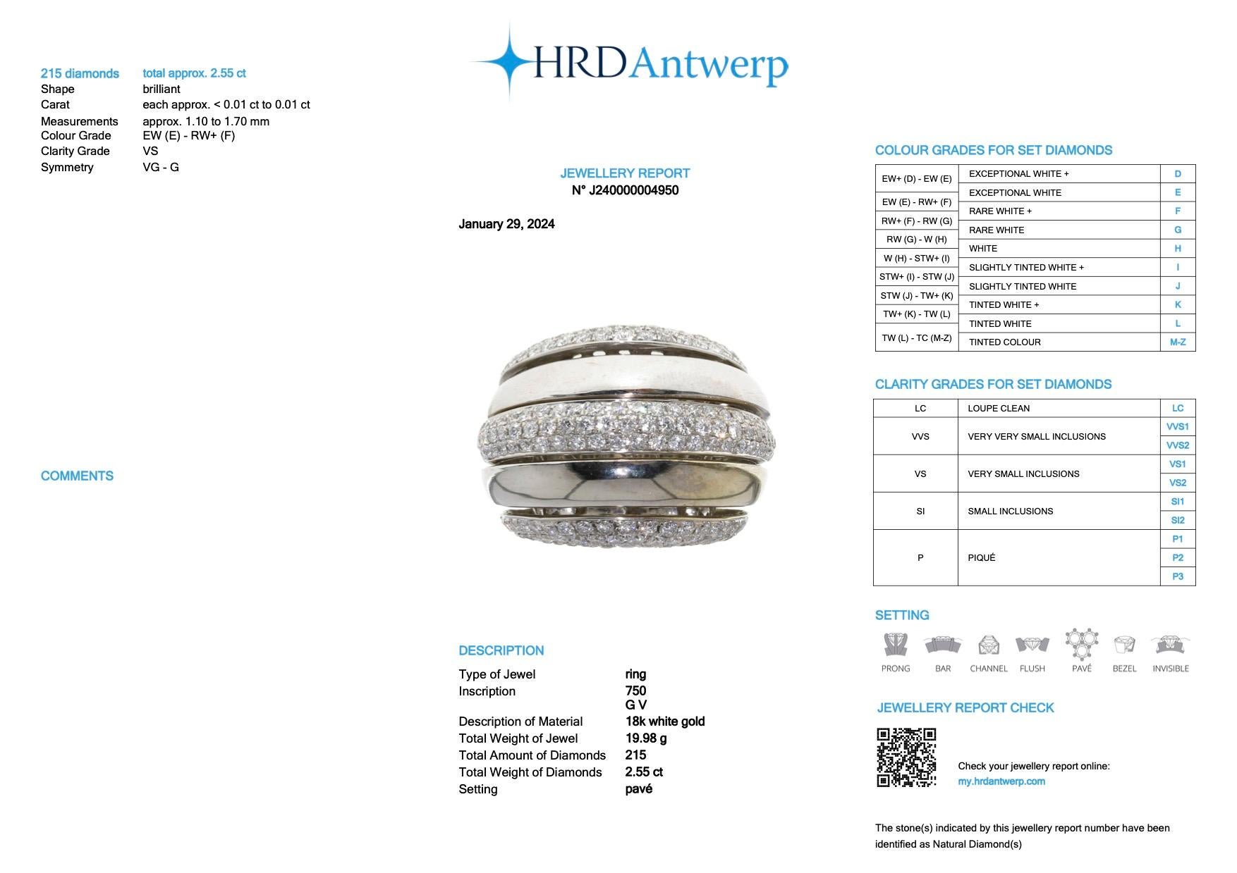 Anello a cupola in oro bianco certificato HRD con pavé di diamanti da 2,55 carati in vendita 2