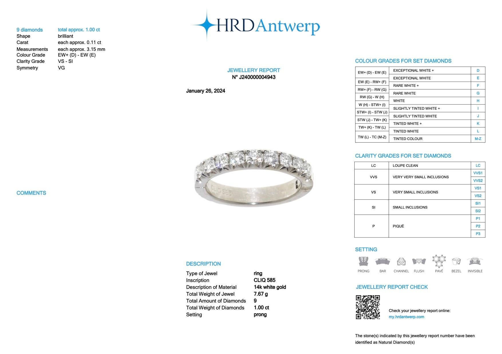 HRD Certified White Gold Parisienne 1.00ct Diamonds Band Ring signed by Cliq For Sale 3