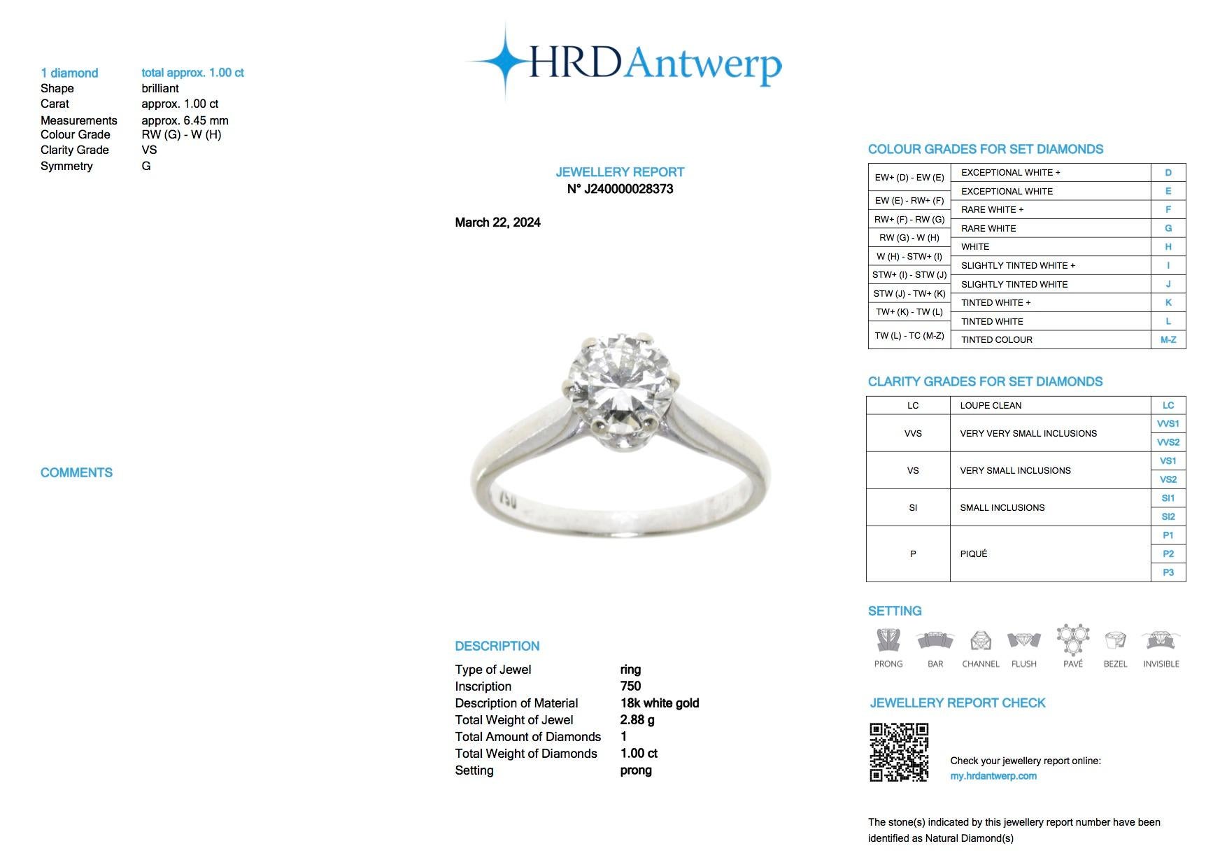 HRD-zertifizierter Solitär-Ring aus Weißgold mit 1,00 Karat natürlichem Diamant im Angebot 3