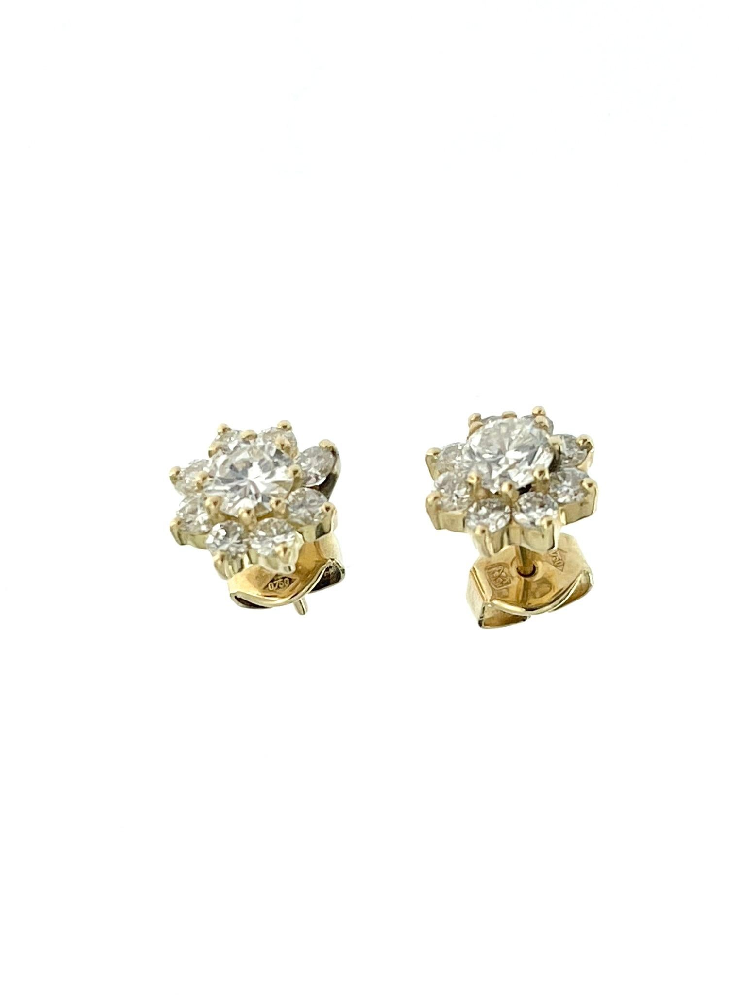 HRD Certified Yellow Gold Diamond Flower Earrings For Sale 3
