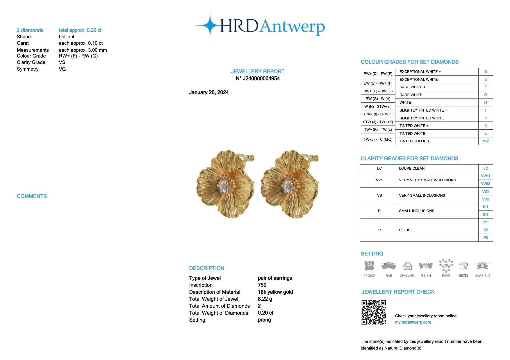 Bague et boucles d'oreilles serties de fleurs en or jaune certifié HRD et diamants en vente 6