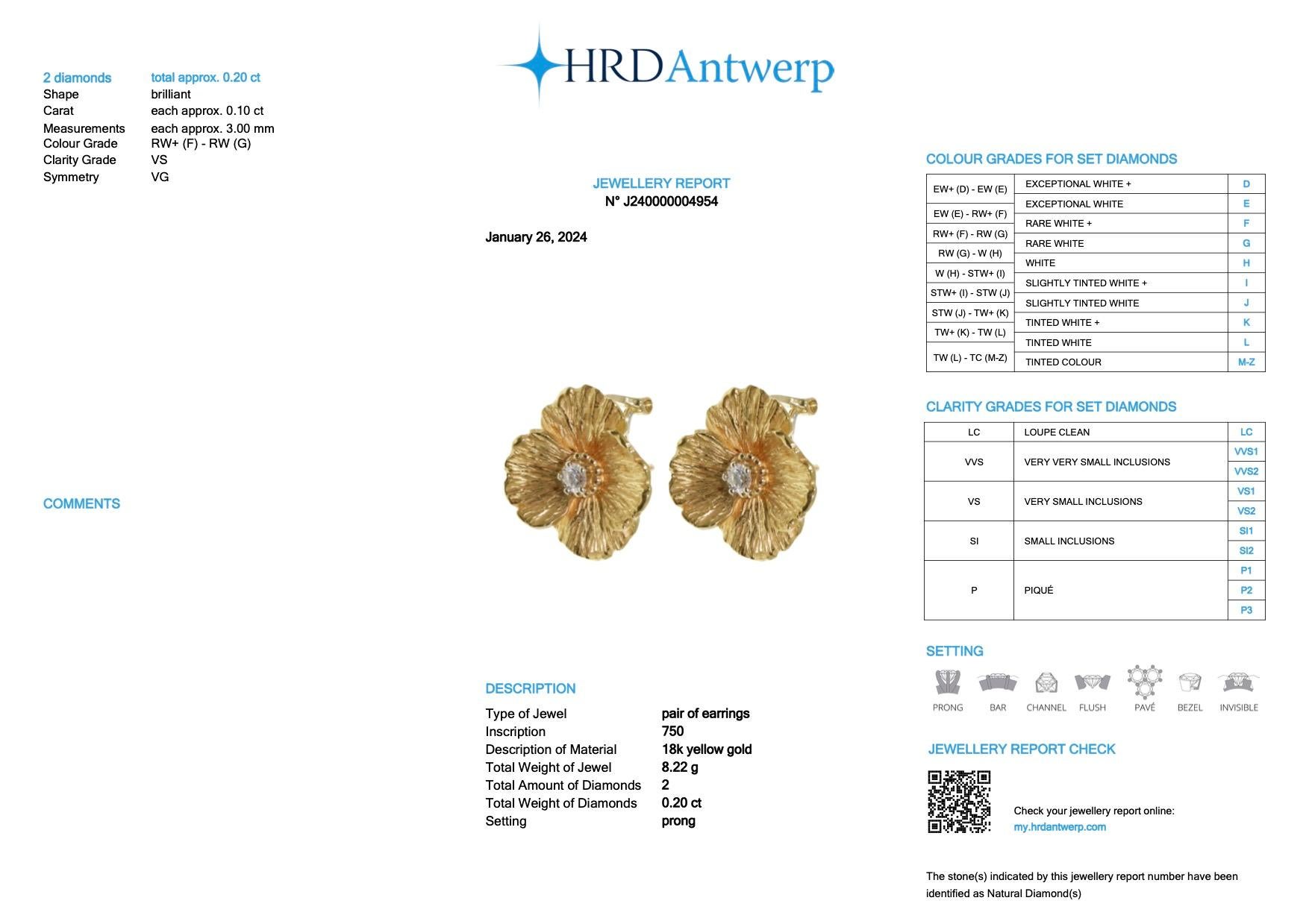 Anello e orecchini con fiori in oro giallo certificati HRD con diamanti in vendita 6