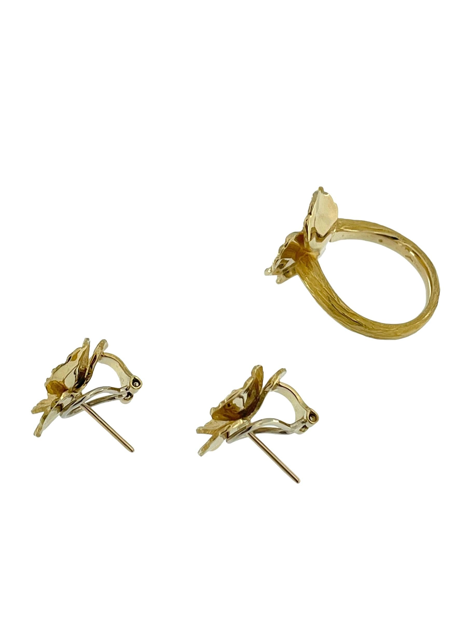 HRD Certified Yellow Gold Flower Set Ring and Earrings with Diamonds For Sale 2