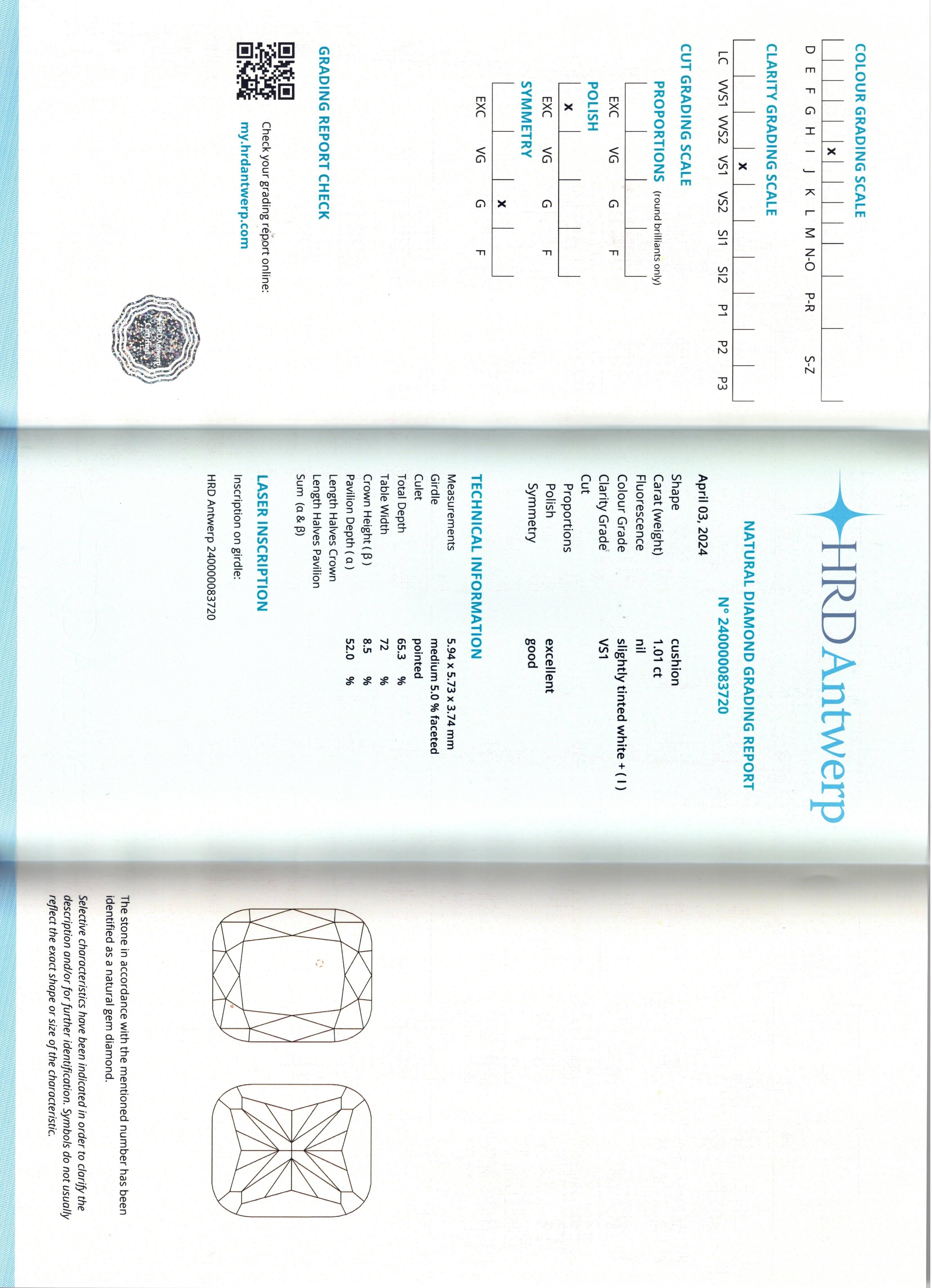 HRDAntwerp certified 1.01 carat Cushion Shape Natural Diamond I VS1 For Sale 1