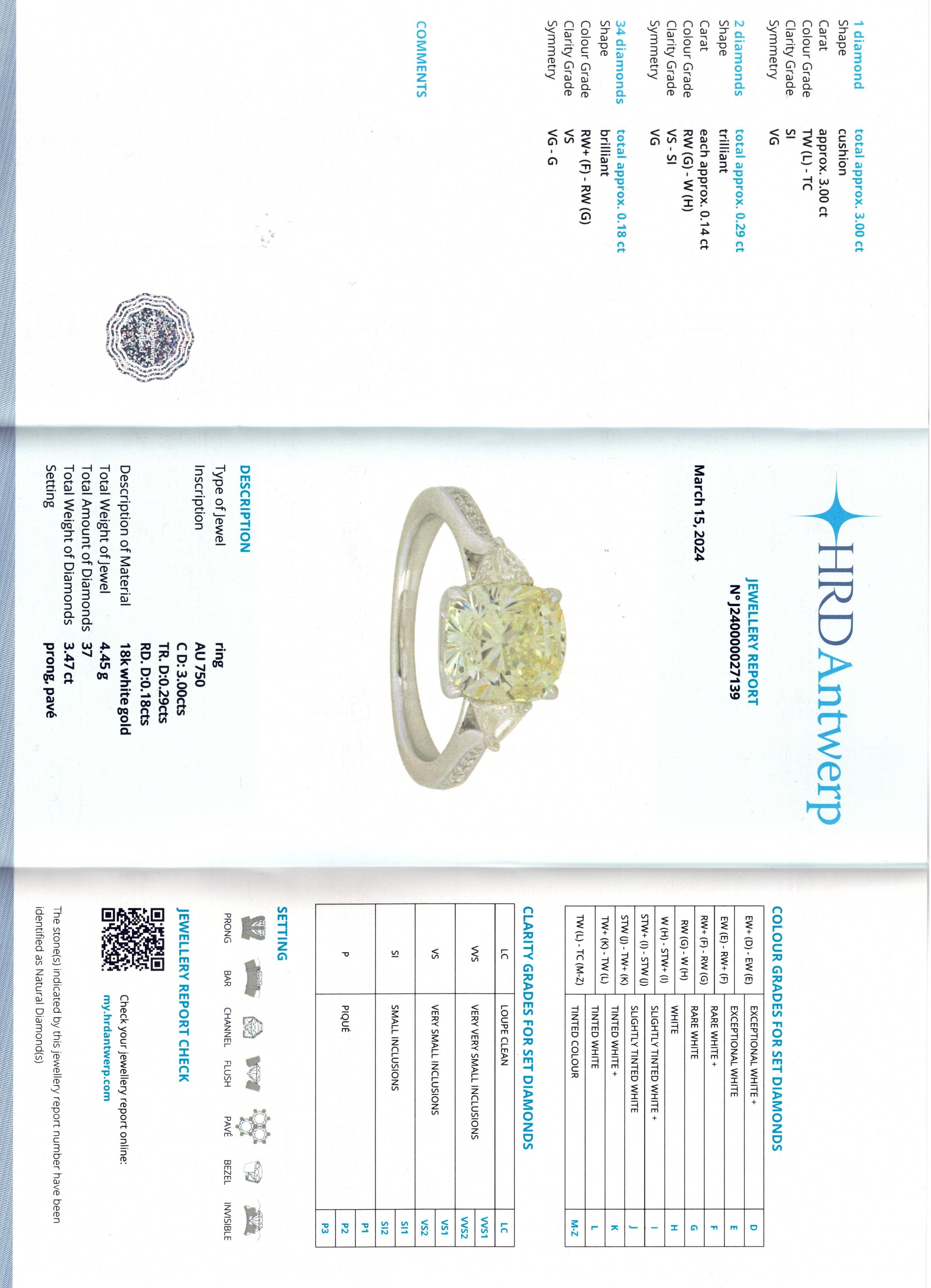 Cushion Cut HRDAntwerp certified 3 Carat Diamond Cocktail Ring For Sale