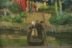 Antike deutsche Landschaft, figurative Ruderboot- Flussüberquerung, 1900