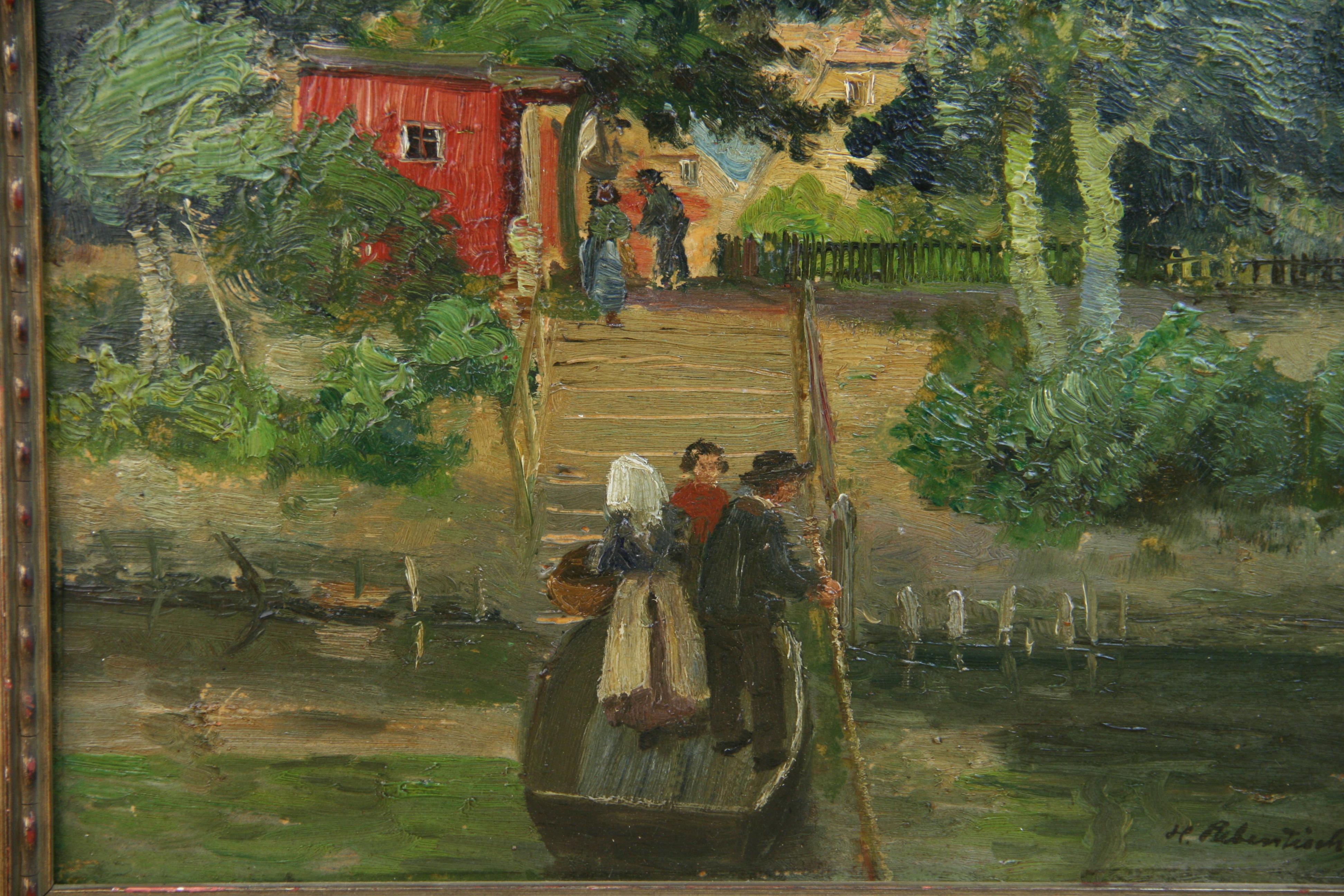 Antike deutsche Landschaft, figurative Ruderboot- Flussüberquerung, 1900 im Angebot 2
