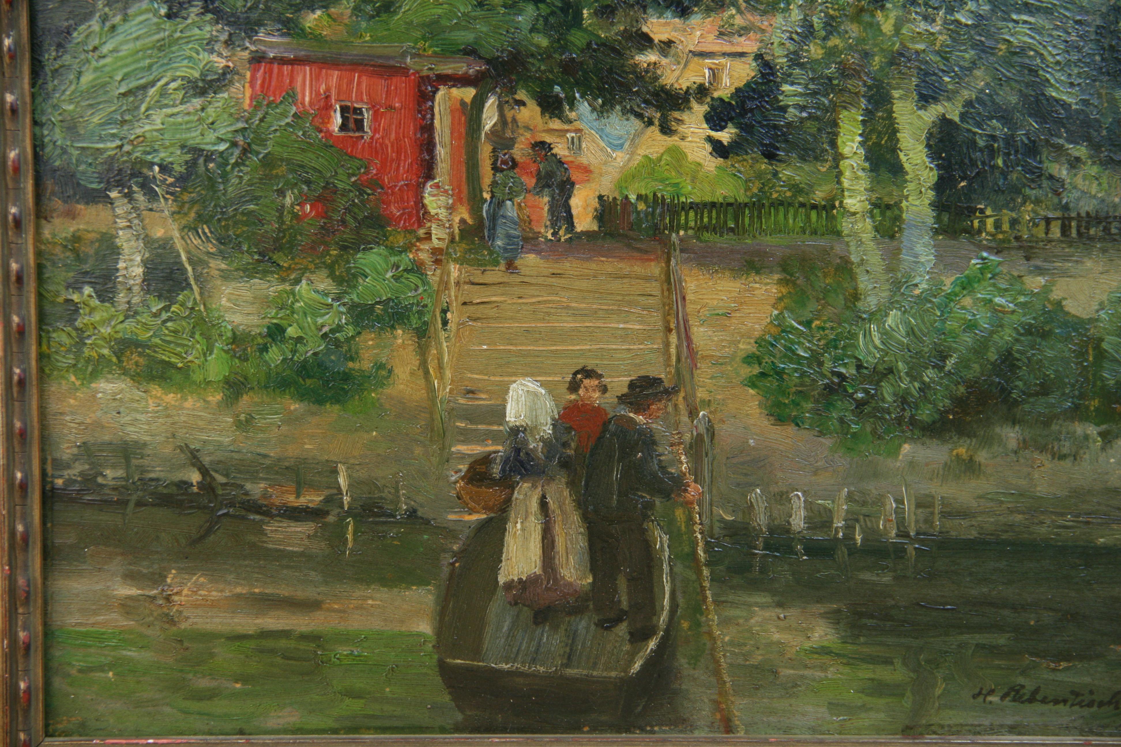 Antique German Landscape Figurative Rowboat River Crossing 1900 For Sale 1
