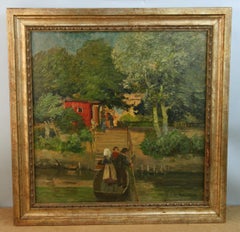 Antique German Landscape Figurative Rowboat River Crossing 1900