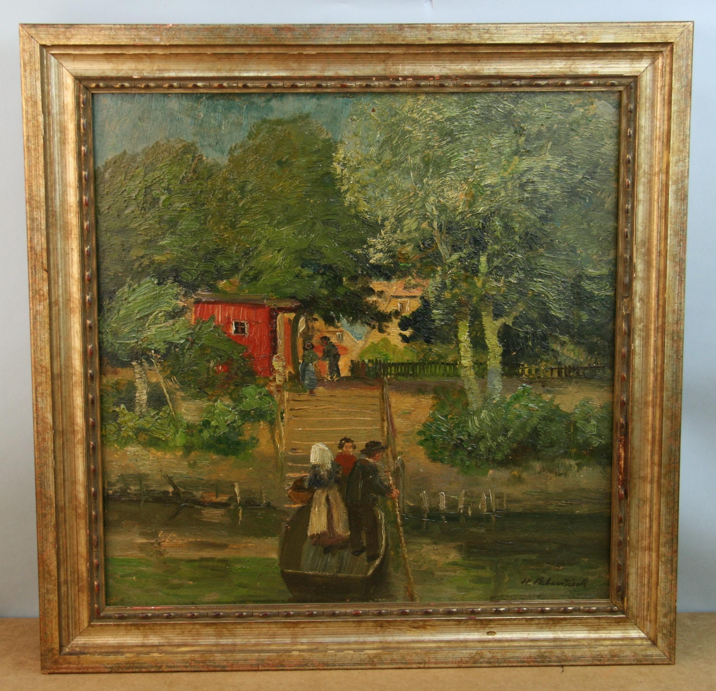 Antico paesaggio tedesco figurativo con barca a remi che attraversa il fiume 1900
