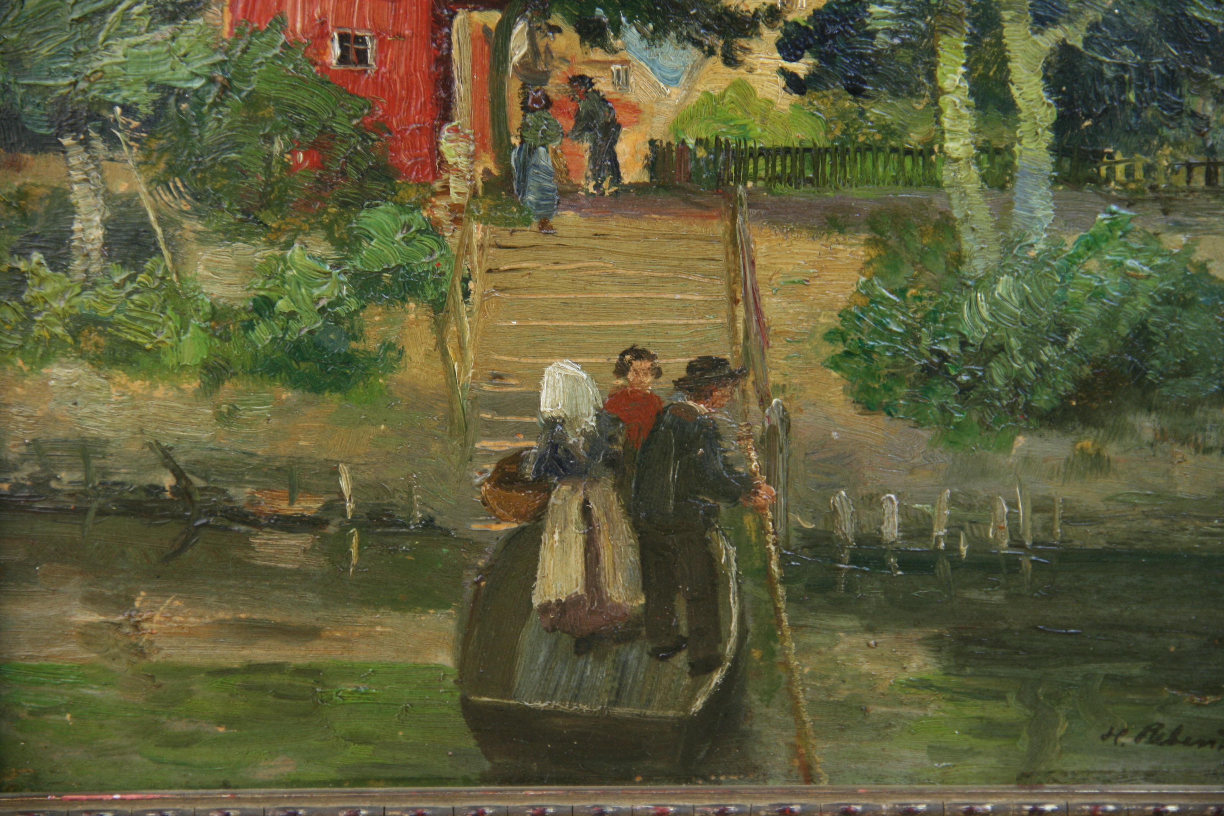 Antique German Landscape River Crossing Oil Painting  1900 - Brown Landscape Painting by H.Rebentisch