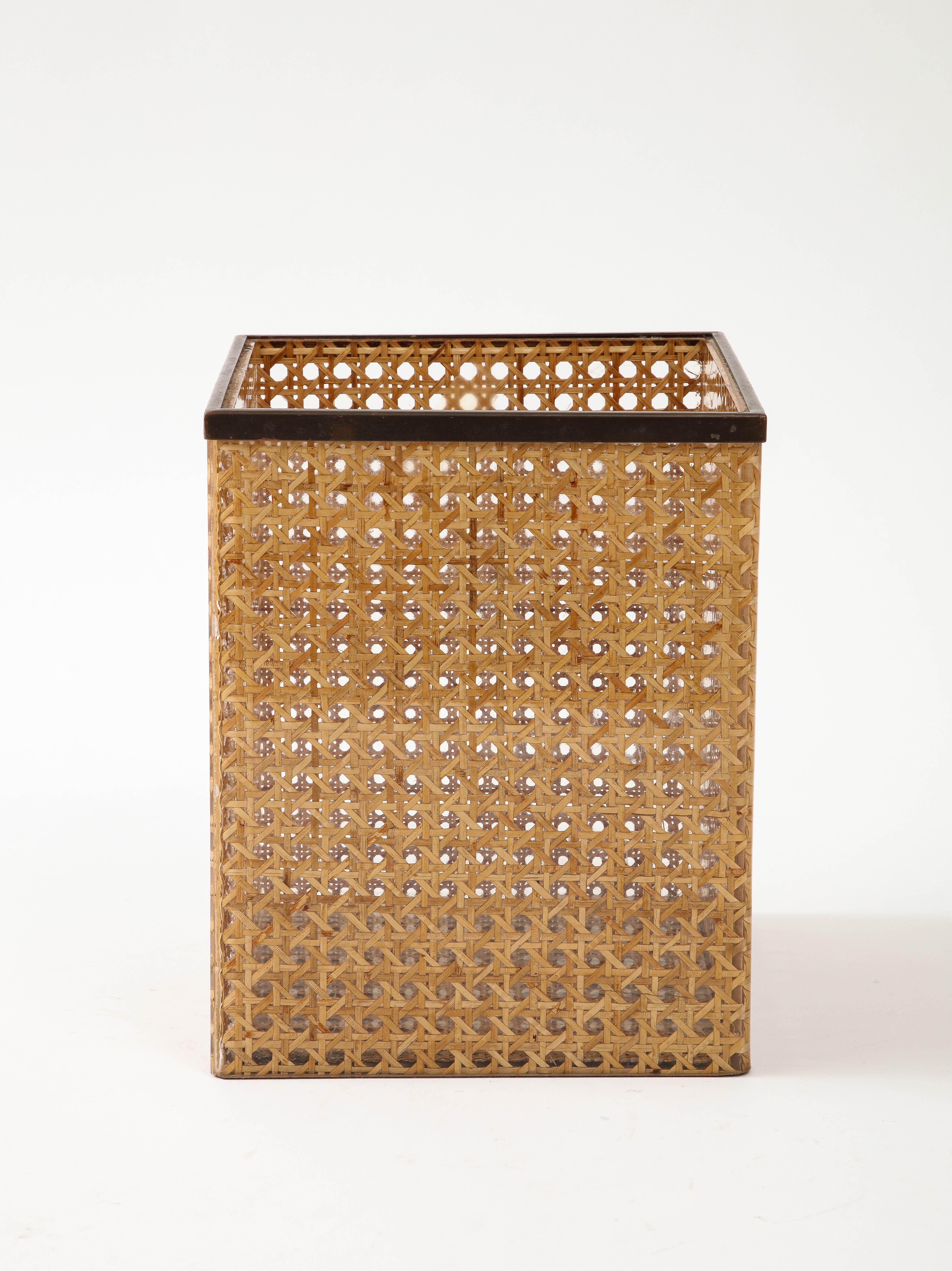 Christian Dior Home Lucite, Bronze, and Cane Bin, 1970
H: 9.75 D: 11.75 W: 11.75