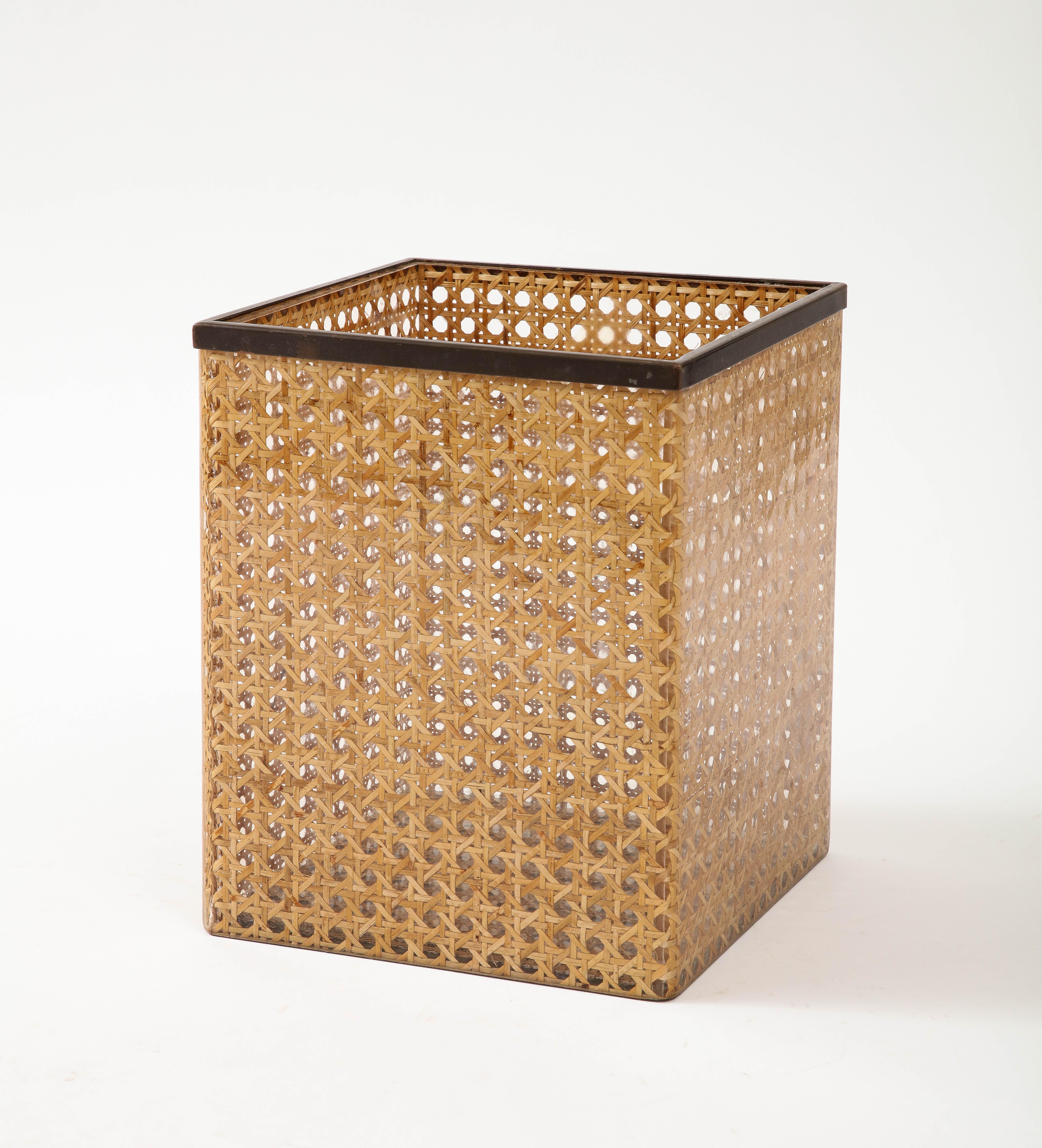 French Christian Dior Home Lucite, Bronze, and Cane Bin, 1970