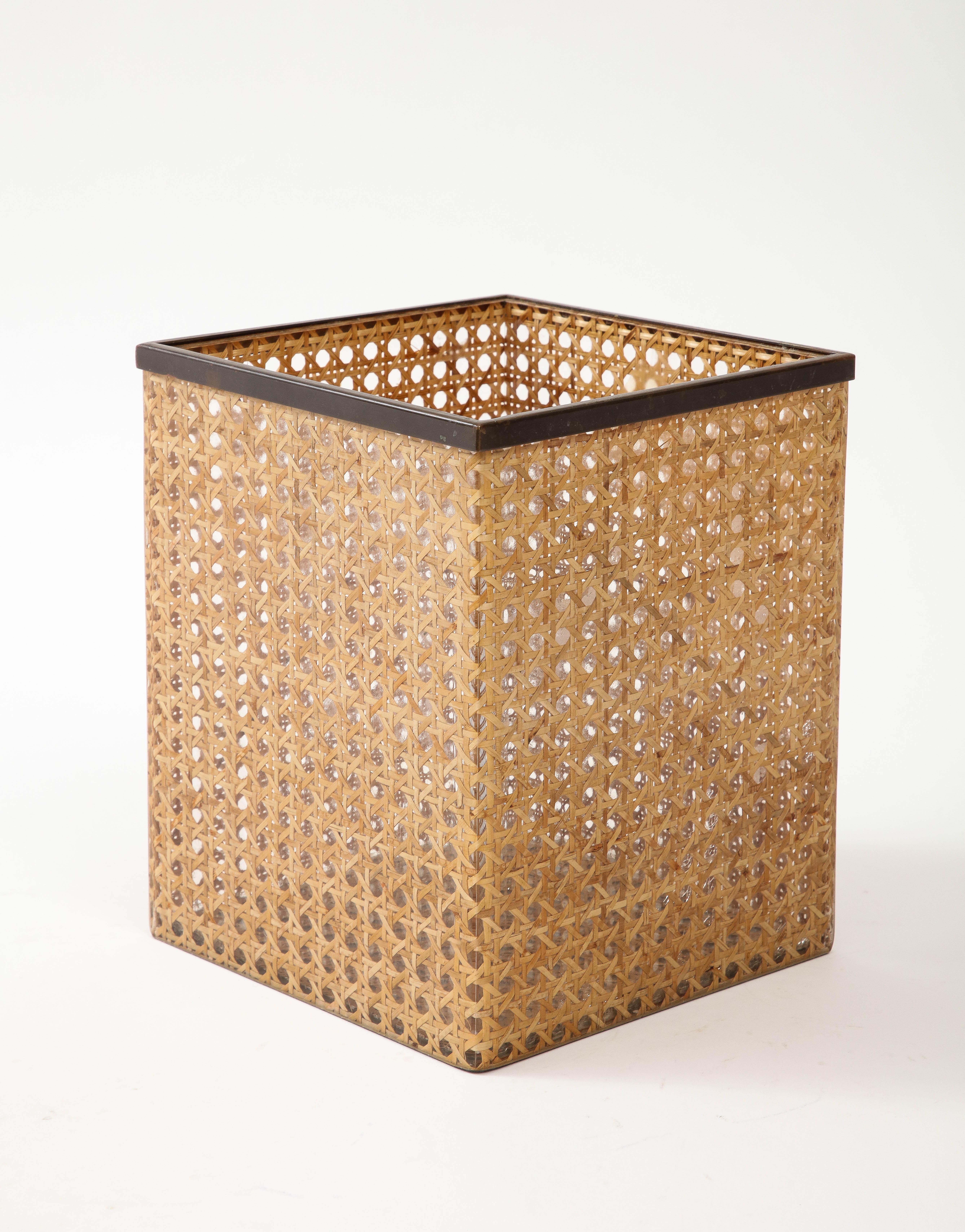 Christian Dior Home Lucite, Bronze, and Cane Bin, 1970 In Good Condition In Brooklyn, NY