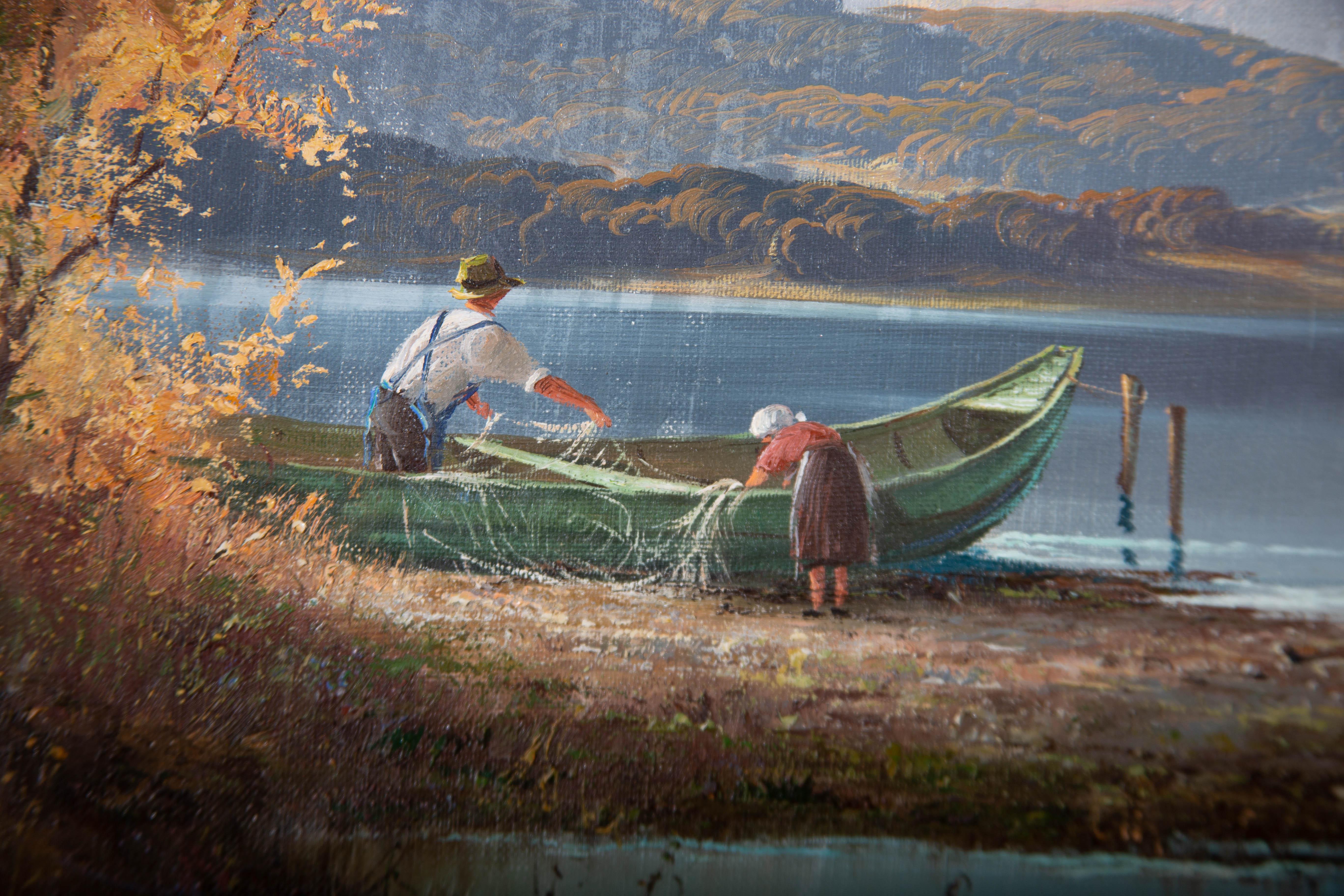 A large painting of a mountain lake with a father and daughter preparing their fishing nets in the foreground. Presented in an ornate distressed gilt-effect wooden frame. Signed to the lower-right edge. On canvas on stretchers.
