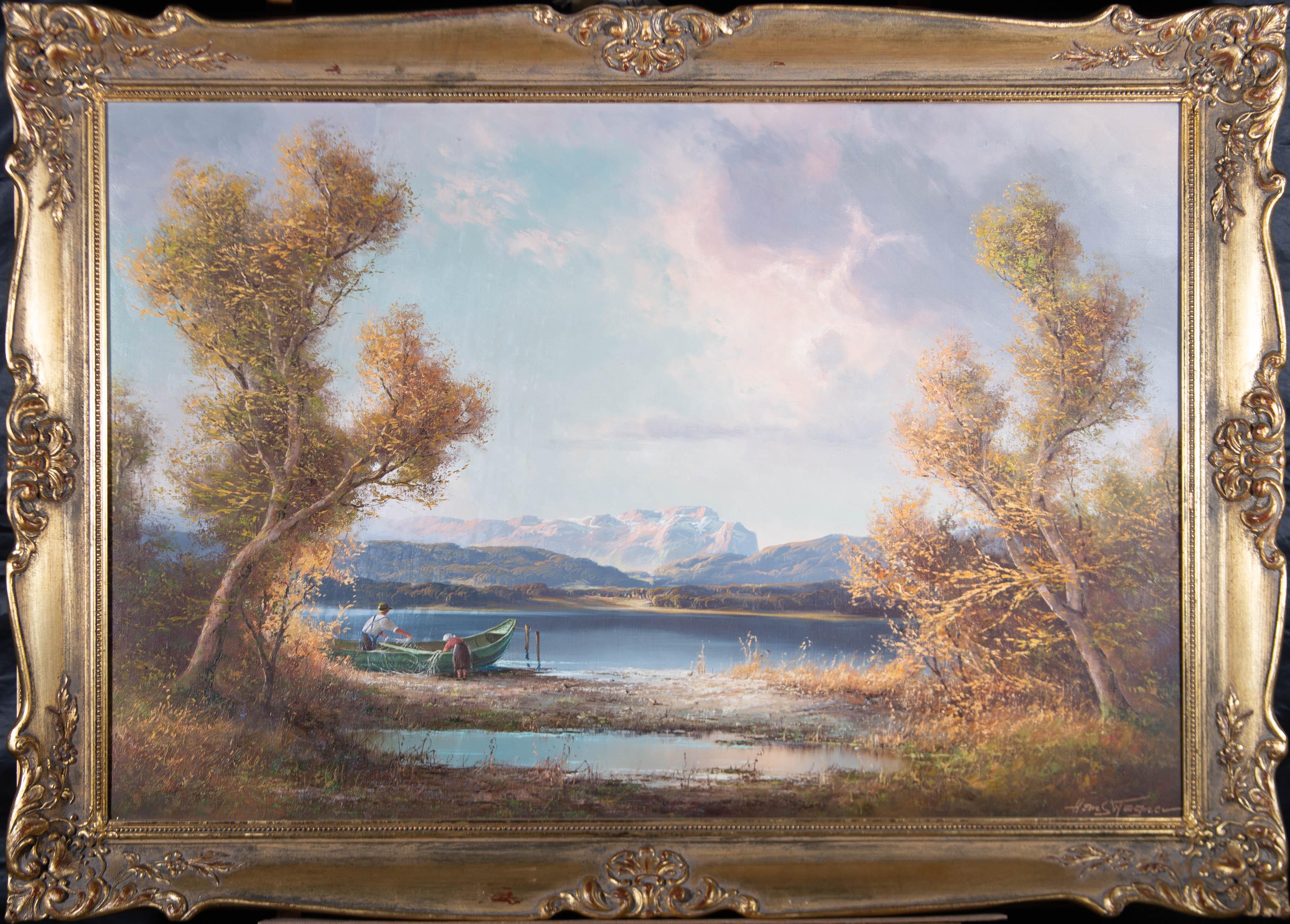 Une grande peinture d'un lac de montagne avec un père et sa fille préparant leurs filets de pêche au premier plan. Présenté dans un cadre en bois vieilli et doré. Signé sur le bord inférieur droit. Sur toile sur châssis.
