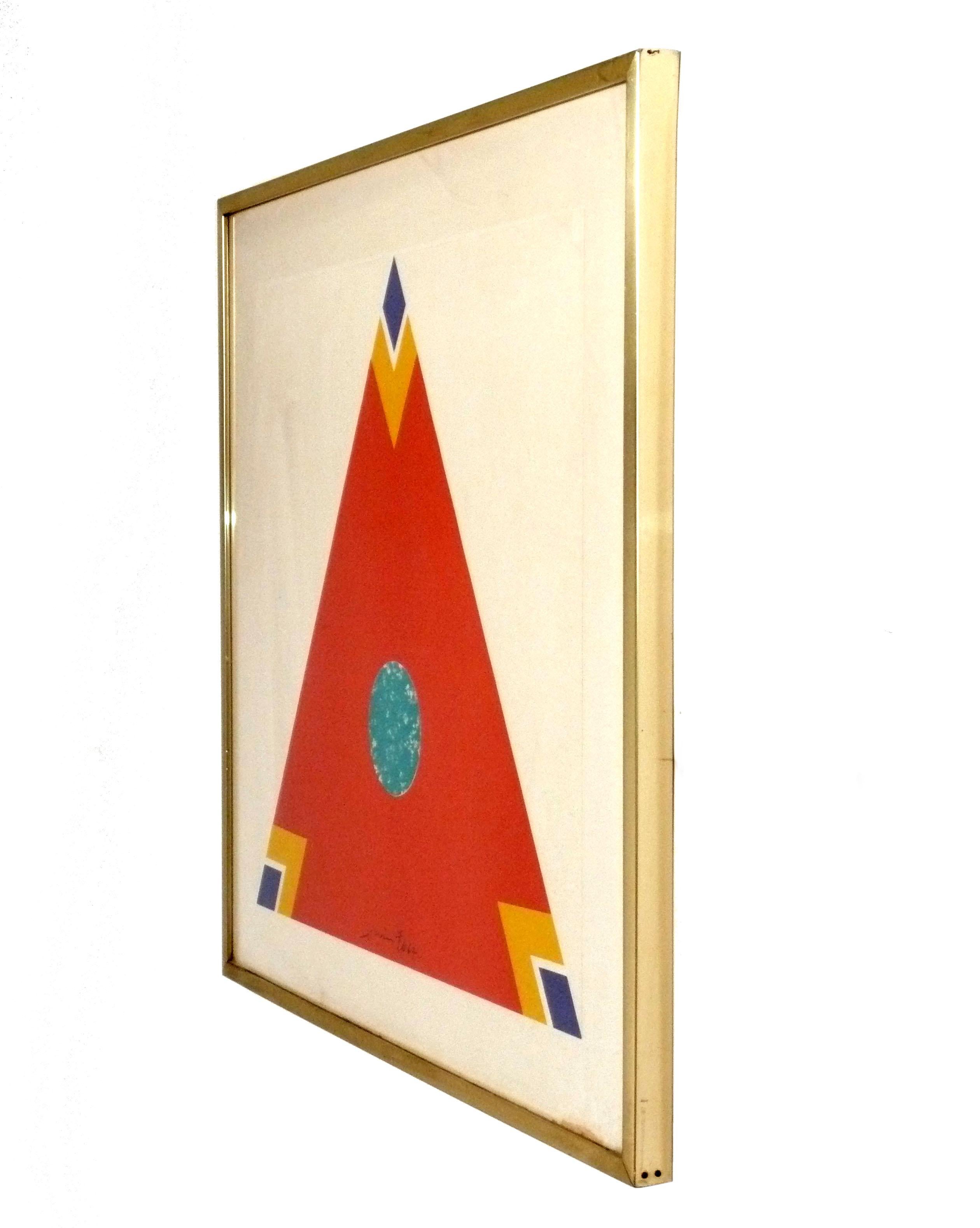 Abstrakte Farboffsetlithografie von Hsiao Chin, 1967. Hsiao Chin (China/Taiwan, 1935-2023) ist bekannt für seine lebhaften Gemälde mit geometrischen Formen in minimalistischen Kompositionen. Er war Mitbegründer der Ton-Fan Art Group, eines der