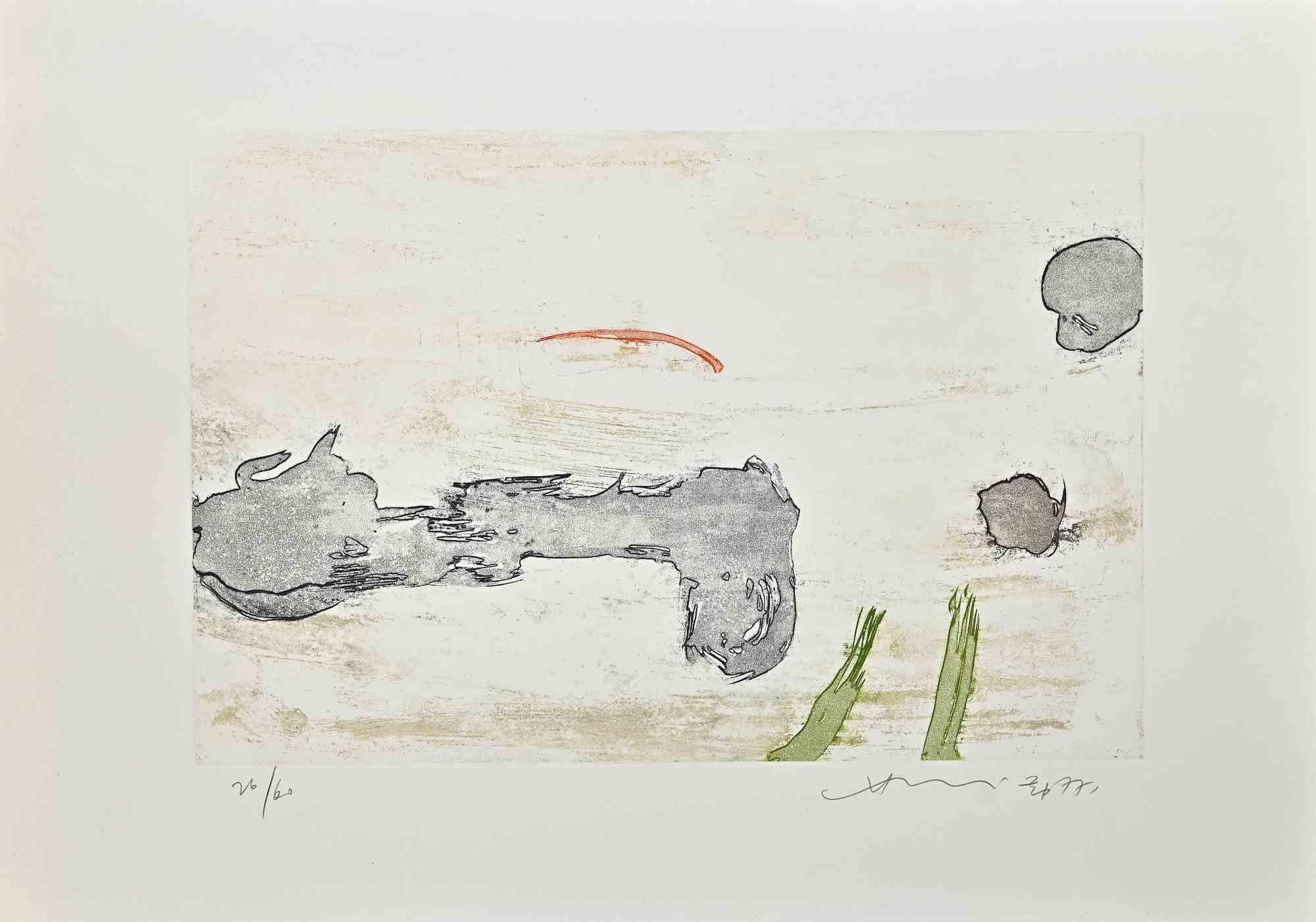Abstract composition is a colored etching realized by Hsiao Chin in 1977.

The artwork is hand-signed and dated in pencil on the lower right. Numbered on the lower left. 
Edition of 26/60 prints.

Very good conditions.