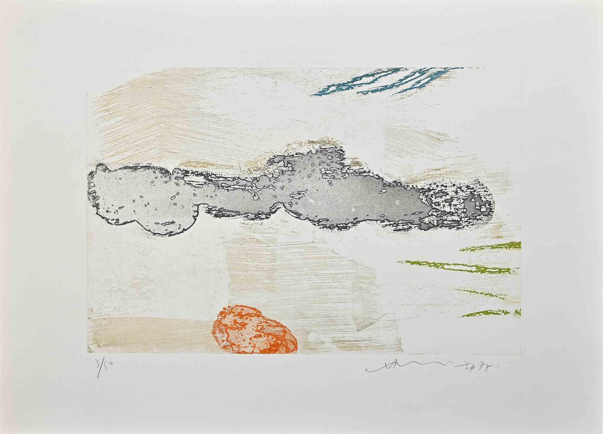 Abstract composition is a  colored etching realized by  Hsiao Chin in 1977.

The artwork is hand-signed and dated in pencil on the lower right. Numbered on the lower left. 
Edition of 50 copies.

Edited by La Nuova Foglio, Macerata, Italy.
