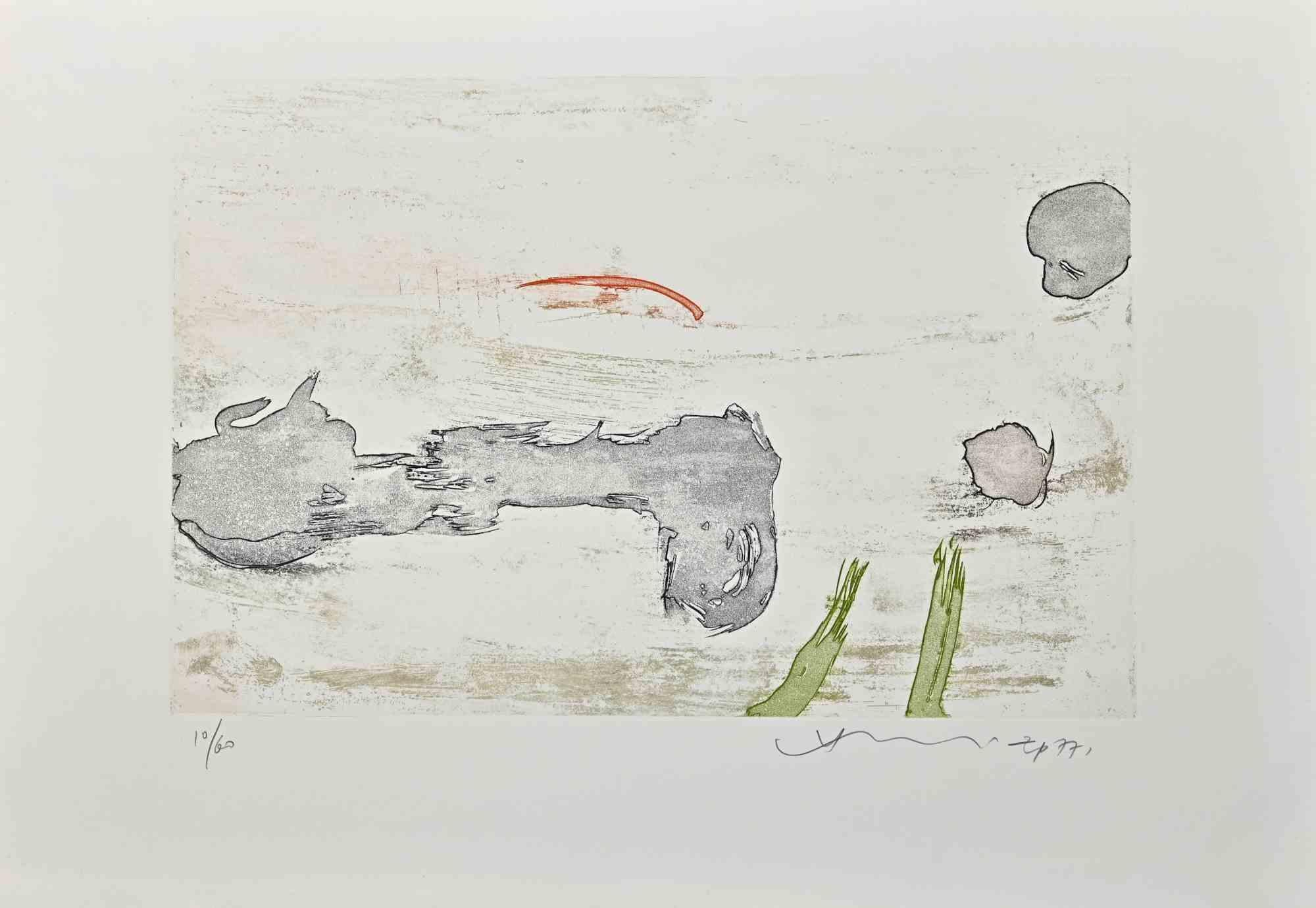 Abstract composition is a colored etching realized by  Hsiao Chin in 1977.

The artwork is hand-signed and dated in pencil on the lower right. Numbered on the lower left. 
Edition of 60 copies.

Edited by La Nuova Foglio, Macerata, Italy.