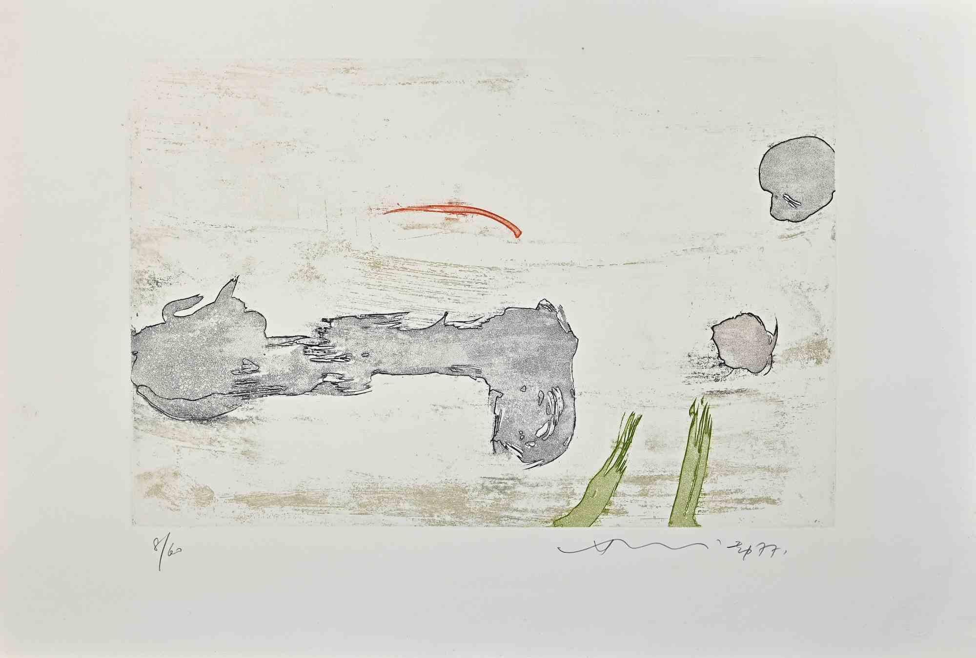 Abstract composition is a colored etching realized by Hsiao Chin in 1977.

The artwork is hand-signed and dated in pencil on the lower right. Numbered on the lower left. 
Edition of 60 copies.

Edited by La Nuova Foglio, Macerata, Italy.