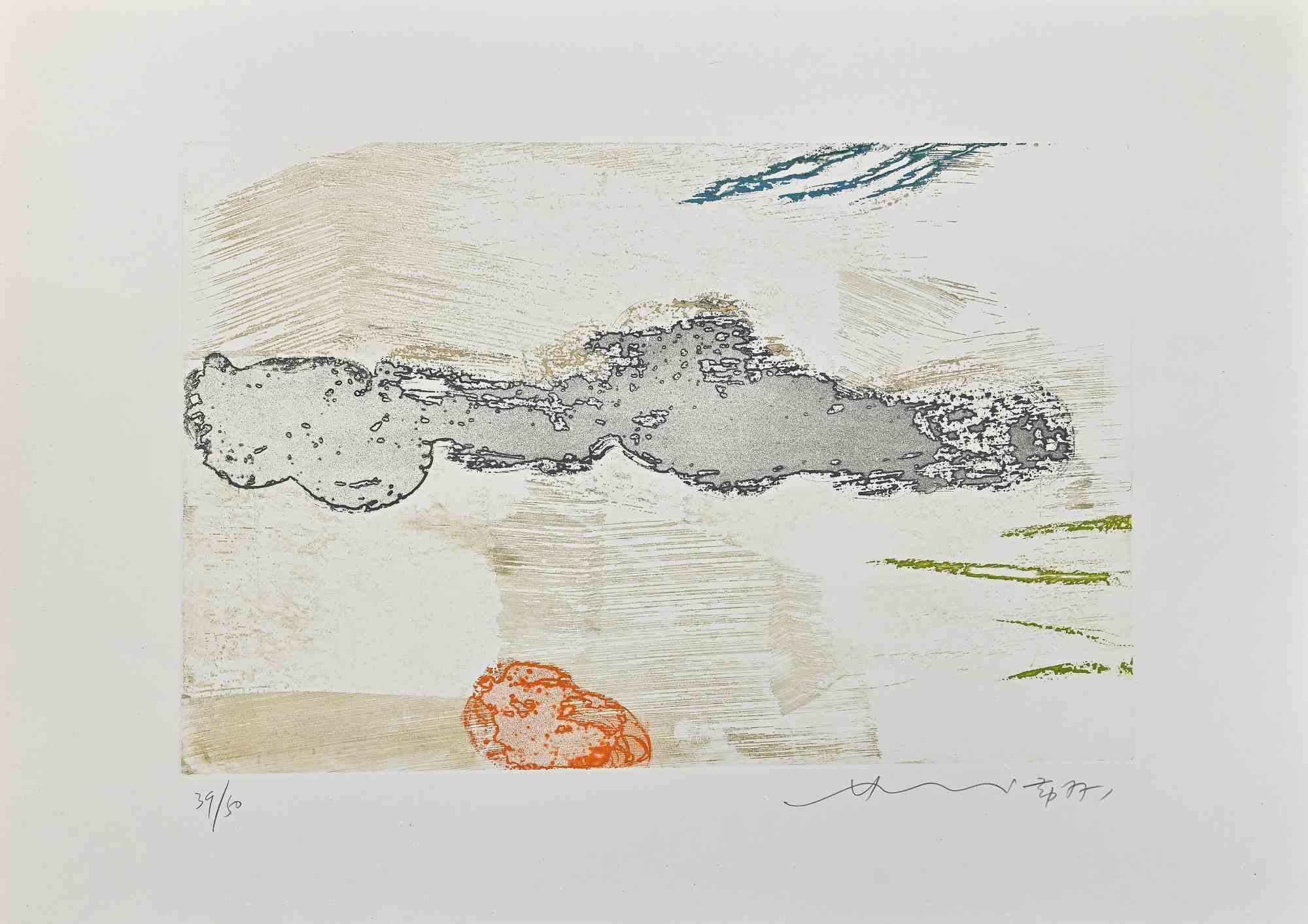 Abstract composition is a colored etching realized by Hsiao Chin in 1977.

The artwork is hand-signed and dated in pencil on the lower right. Numbered on the lower left. 
Edition of 50 copies.

Edited by La Nuova Foglio, Macerata, Italy.