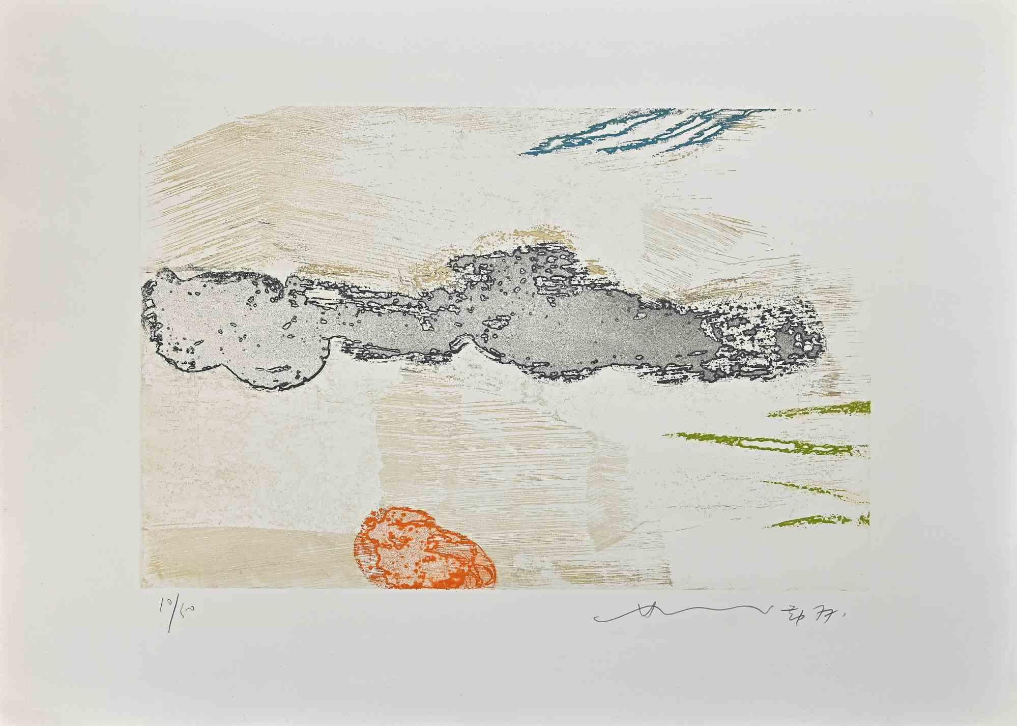 Abstract composition is a colored etching realized by  Hsiao Chin in 1977.

The artwork is hand-signed and dated in pencil on the lower right.

Numbered on the lower left. Edition of 50 copies.

Edited by La Nuova Foglio, Macerata, Italy.

Good