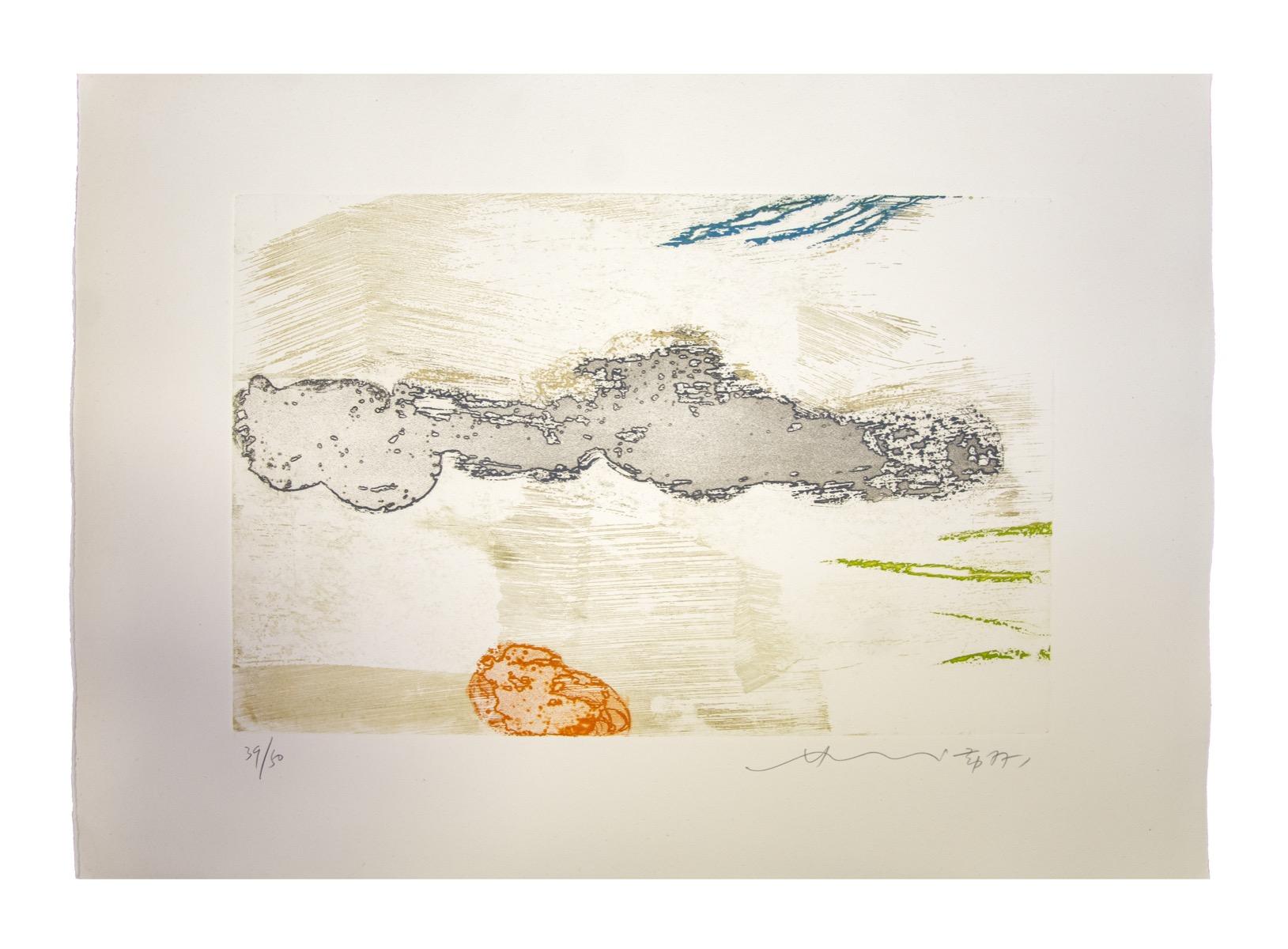 Abstract composition is an original colored etching realized by Hsiao Chin in 1977.

The artwork is hand-signed and dated in pencil on the lower right. Numbered on the lower left. 

Edition of 50 copies.

The label of the certificate of authenticity