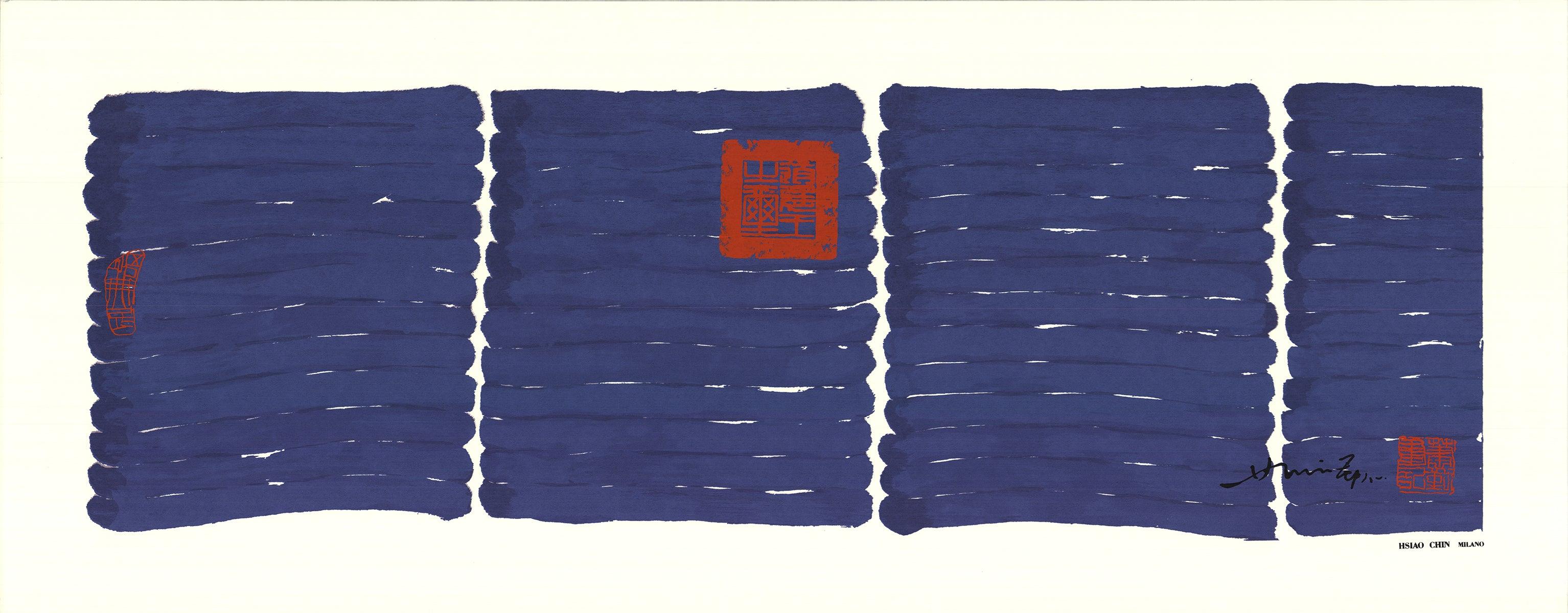 Questa splendida litografia di Hsia Chin, intitolata Untitled (Blue), mette in mostra l'eccezionale padronanza del colore e della forma astratta dell'artista. Dominato da un blu ricco e profondo, il pezzo emana un senso di tranquillità e profondità,