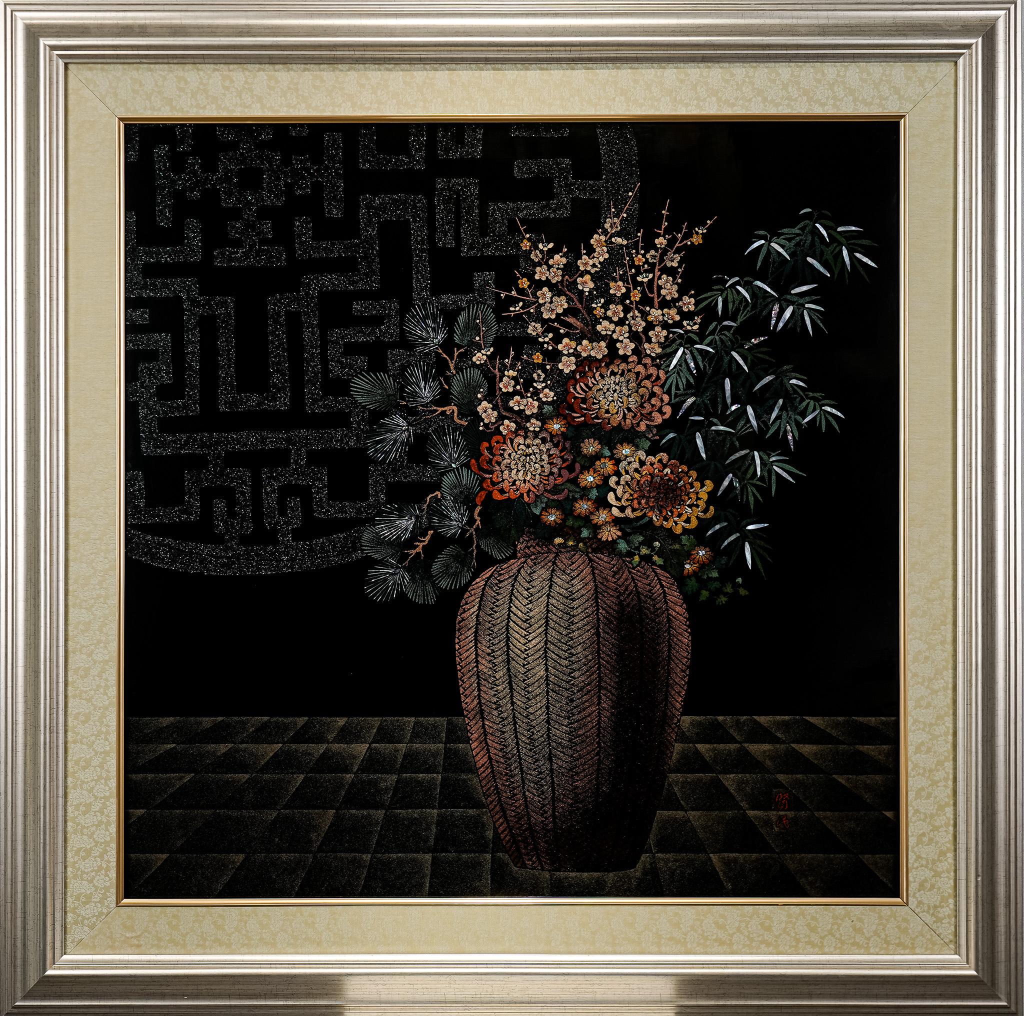 Drei Freunde des Winters, taiwanesische Lack-Plakette – Mixed Media Art von Hsien Min Wang
