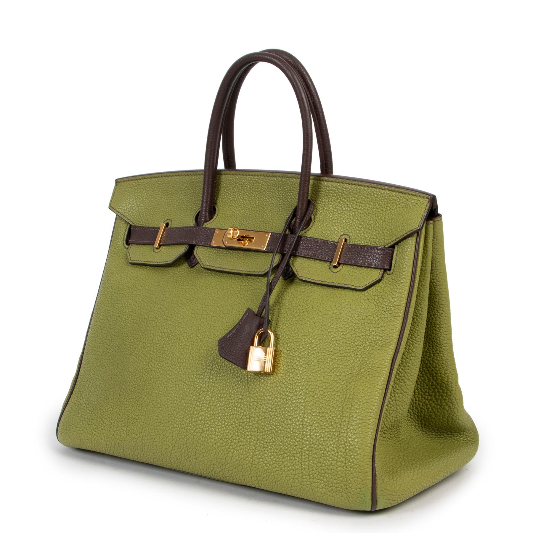 Hermès Birkin 35 Vert Anis Apple Marron Togo GHW

This Birkin is a special order, a HSS horseshoe Birkin.

This stunning Hermès Birkin comes in a delicious combo of Vert Anis Apple Pomme and chocolate brown Marron togo leather. This beautiful bag is