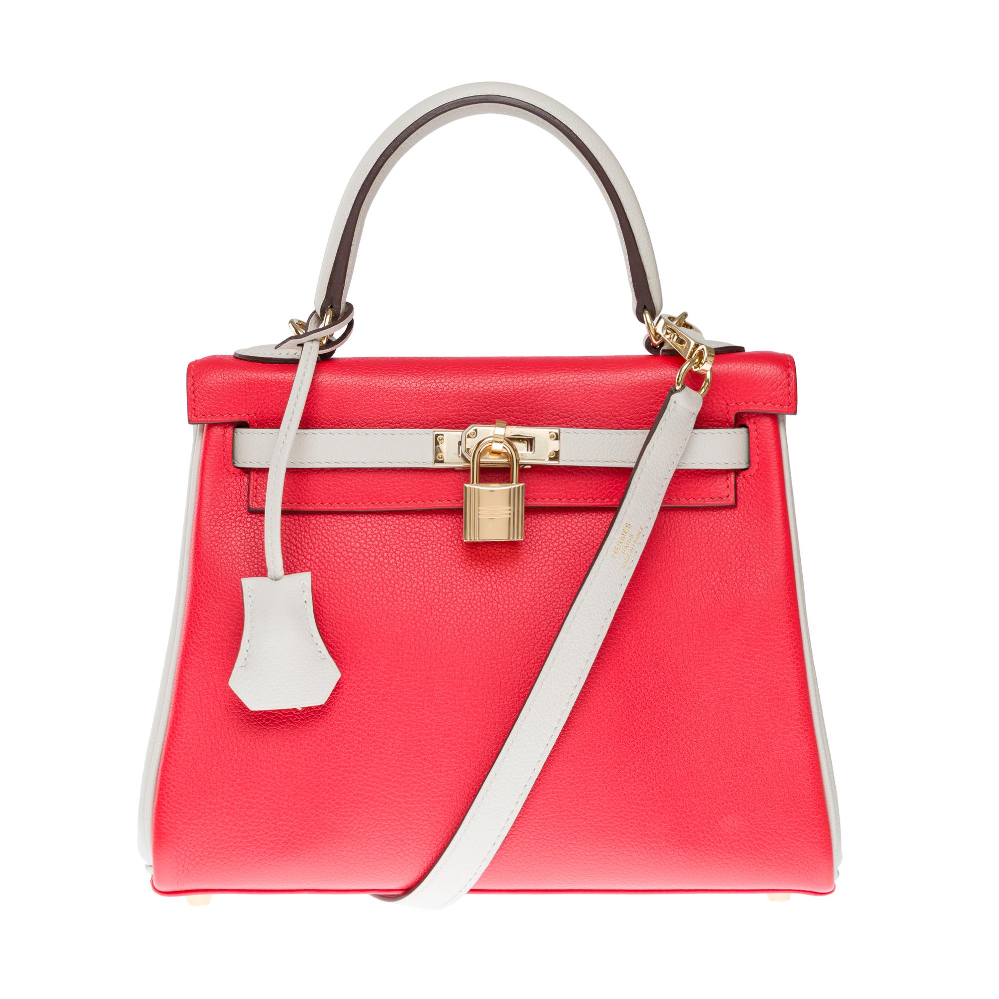 Red HSS Hermès Kelly 25 handbag strap in Rouge Casaque/Beton Togo leather , CHW For Sale
